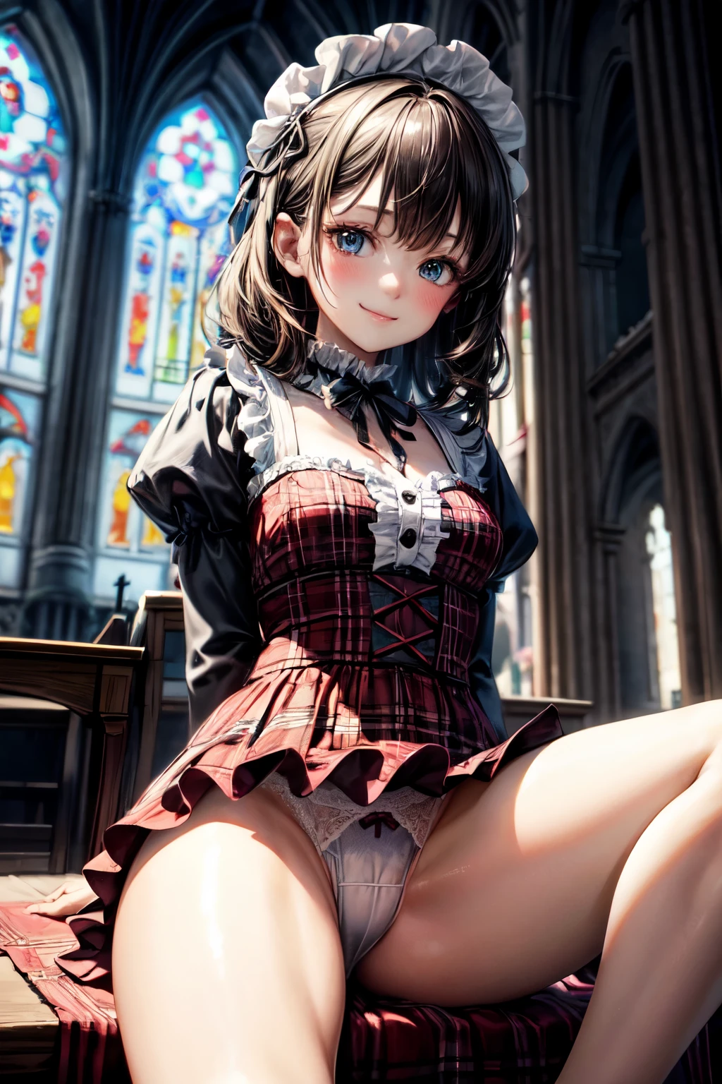very cute and beautiful girl,(highly detailed beautiful face and eyes), (smile),blush,black hair,looking at viewer,(elegant brown plaid ta dress with detailed frills),detailed lace, sitting,(spread legs),arms behind back,(laced white panties), altar,church,indoors, (best quality,masterpiece:1.0),absurdres,highres,ultra-detailed,extremely detailed,32k,8k resolution, intricate details,cinematic scene,detailed background,solo,dynamic angle,