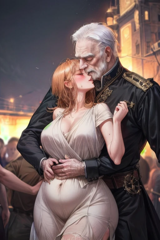 masterpiece, best quality, unity 8k wallpaper, illustration, very detailed, ((rape, sexual harassment, ache , 1 plump woman ,1 evil old man, first sound)),, sweat, Warmth, Stiff, big bust ((in front of many people ))(((get raped, kiss)))