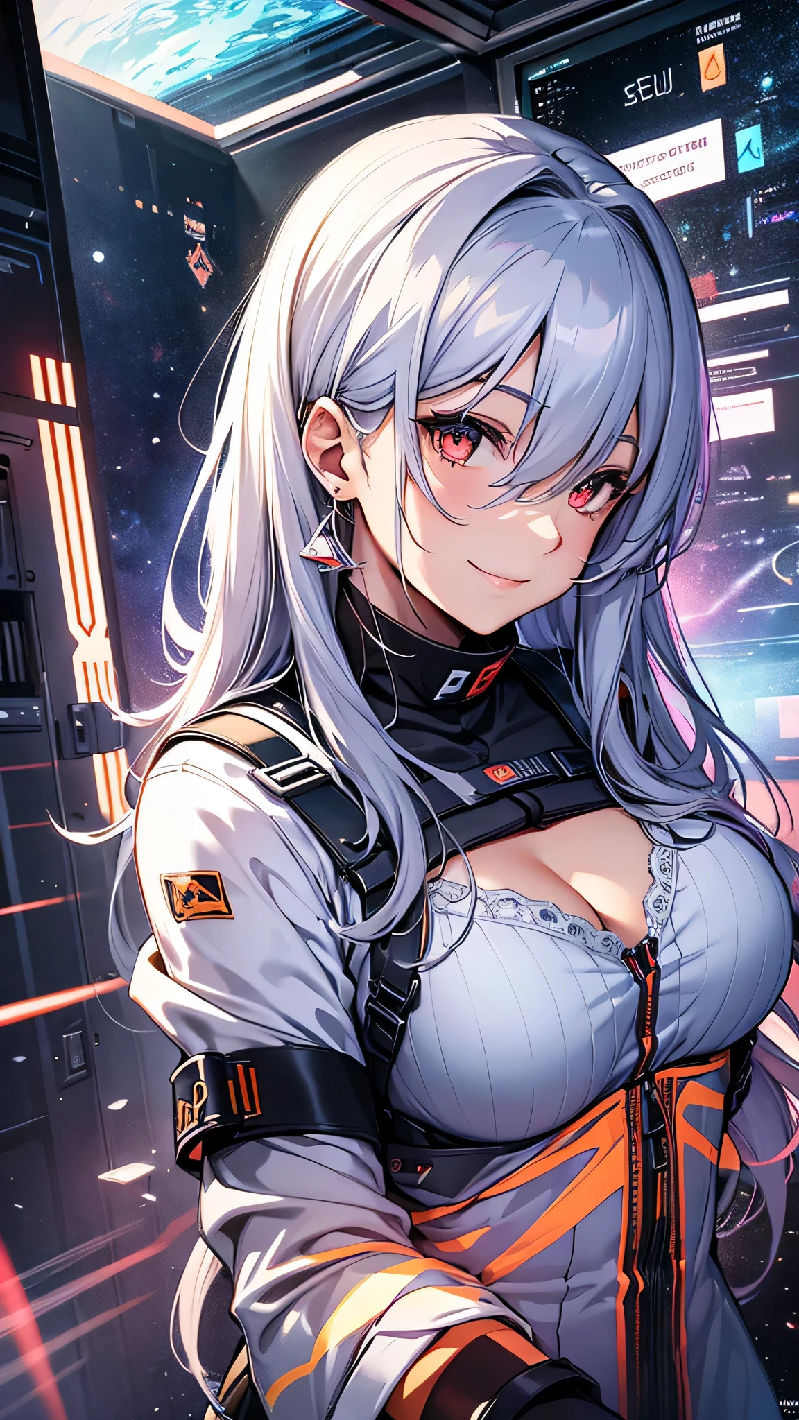 最high quality、Best image quality、masterpiece、girl((18-year-old、 By becoming、Best Bust、Medium Bust,Wide open breast tea、Red glowing eyes,Silver Hair、Disheveled Hair、Long Hair、thin,The highest valley、Open chest、White wristband、smile、hair ornamentany accessories、White see-through shirt、Gal Style、Angle from directly above、Raise your right arm、Show the whole body)),high quality、Beautiful art、background((Institute for Space Research))、Flight、Flying debris、Written boundary depth、movie、Visual Arts、Perfect art、8K,Genuine、