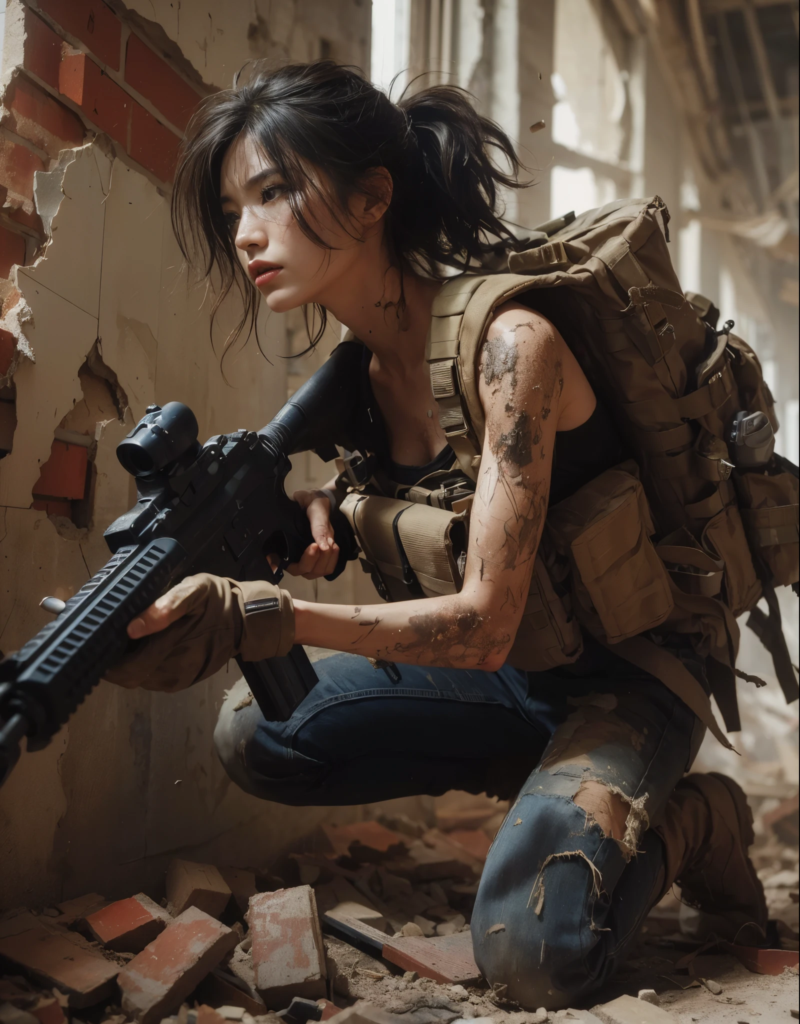 (best quality, 8K, realistic photo:1.2), realistic skin texture, beautiful Japanese woman belonging to the US military, amidst a building strewn with debris, under attack, trying to escape while fighting back, crumbling walls, assault rifle, bulletproof vest, backpack, boots, covered in wounds, determined expression, dynamic pose, innovative composition, dust in the air