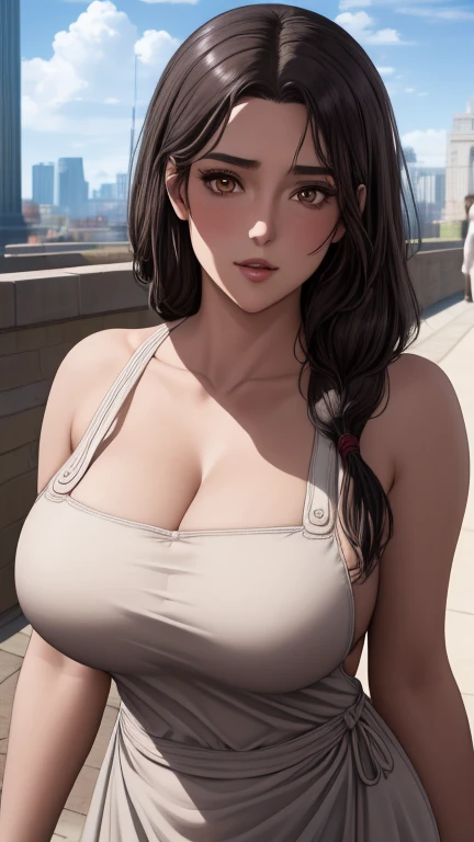 (day:1.7), a city with a lot of buildings and a sky background with clouds in the background and a blue sky, architecture,
Standing at attention, at the roof,
deep cleavage, collarbone, White apron,bare shoulders, 
black Hair,  brown eyes, Bangs, single braid, 
1 girl, 20yo,Young female,Beautiful Finger,Beautiful long legs,Beautiful body,Beautiful Nose,Beautiful character design, perfect eyes, perfect face,expressive eyes,
looking at viewer, in the center of the image,(Upper_body),(close-Up),(Focus on her face),
official art,extremely detailed CG unity 8k wallpaper, perfect lighting,Colorful, Bright_Front_face_Lighting,shiny skin, 
(masterpiece:1.0),(best_quality:1.0), ultra high res,4K,ultra-detailed,
photography, 8K, HDR, highres, absurdres:1.2, Kodak portra 400, film grain, blurry background, bokeh:1.2, lens flare, (vibrant_color:1.2)
(Beautiful,large_Breasts:1.4), (beautiful_face:1.5),(narrow_waist),