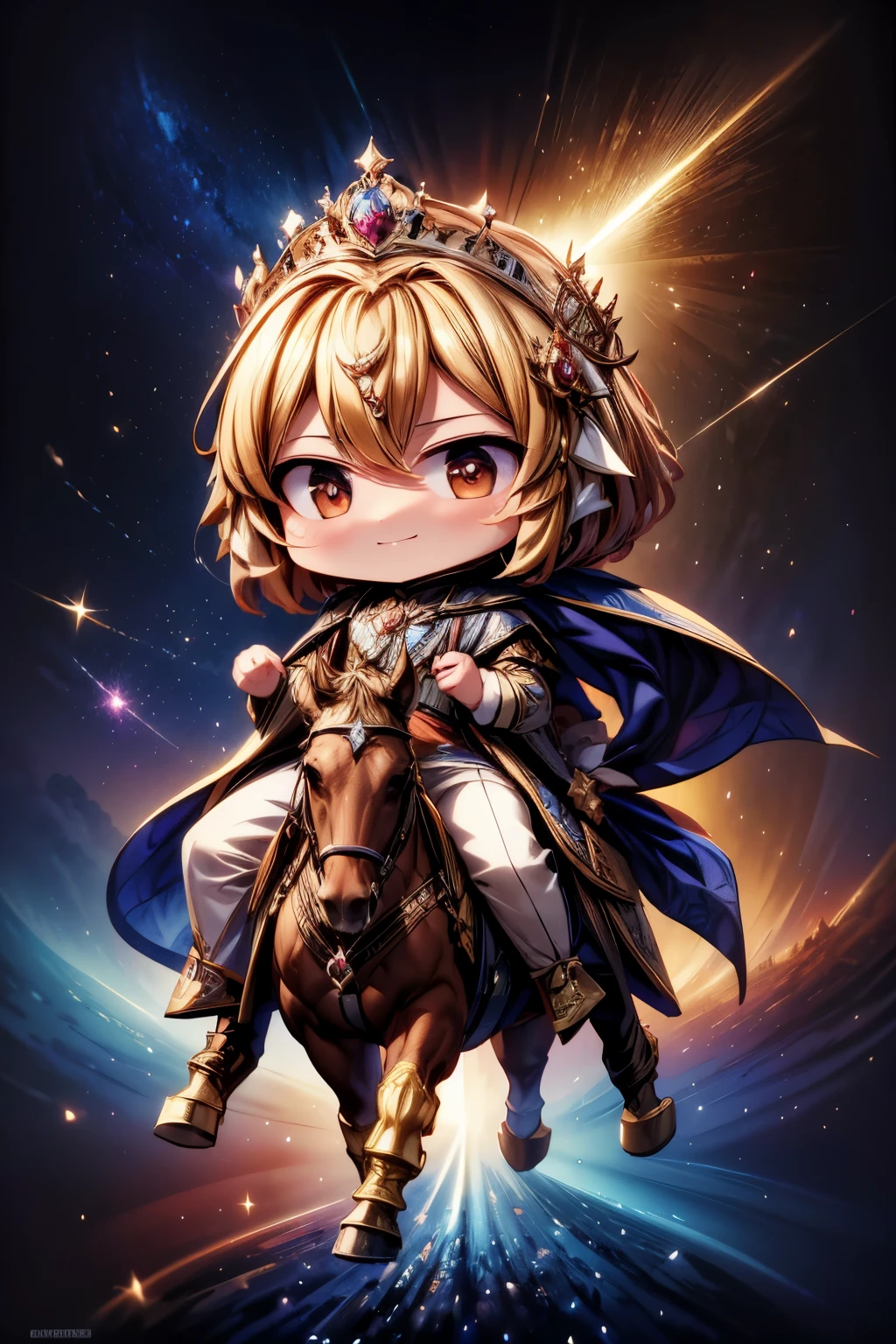 (((masterpiece))), (best quality), (ultra detail), (very_high_resolution), (large_filesize), (full color), 2 people, Couple, Riding on a big star, Princes and princesses, ((Chibi))