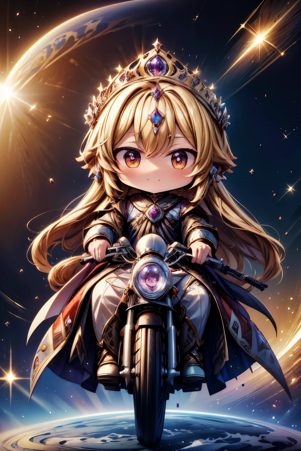 (((masterpiece))), (best quality), (ultra detail), (very_high_resolution), (large_filesize), (full color), 2 people, Couple, Riding on a big star, Princes and princesses, ((Chibi))