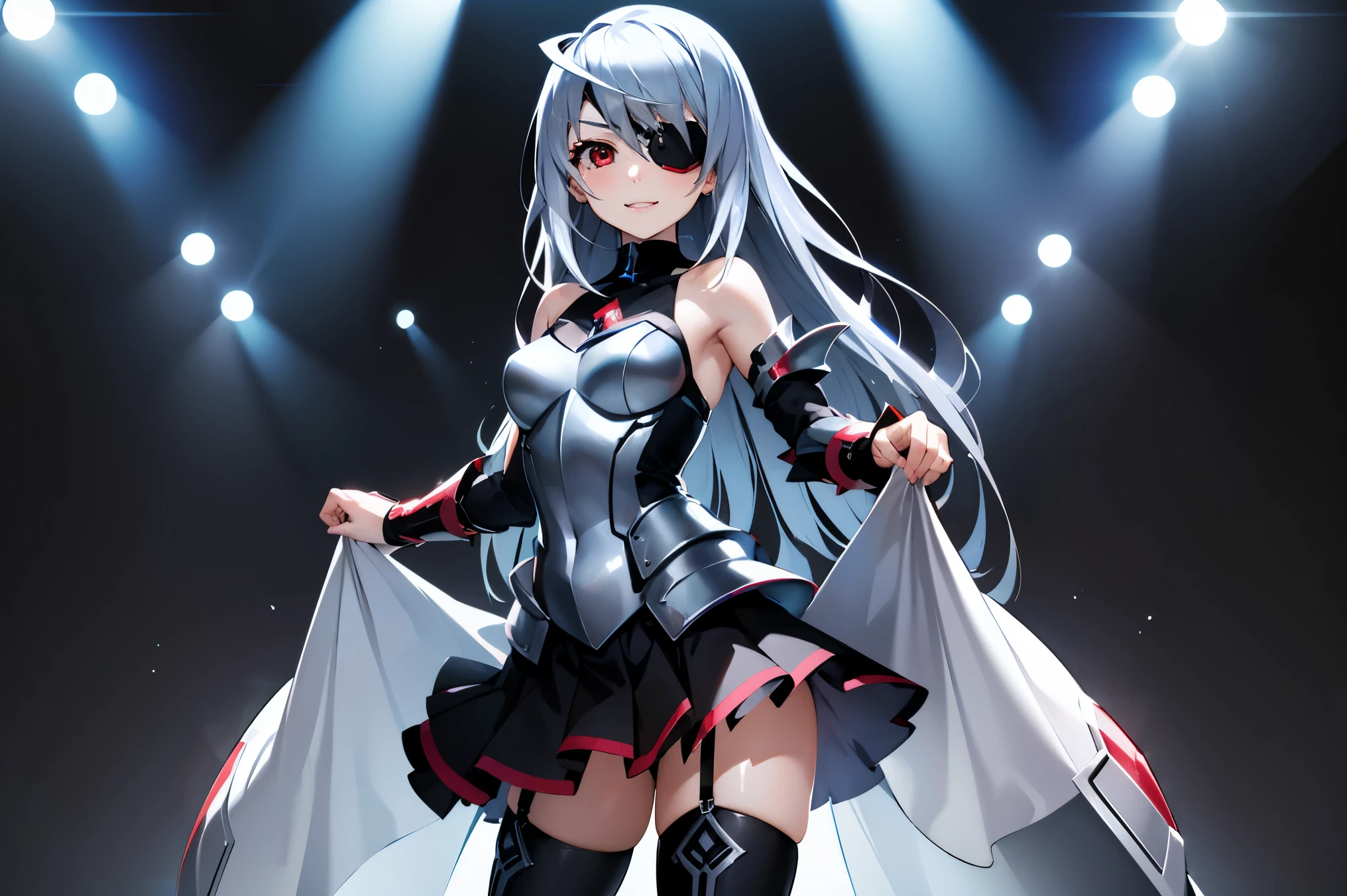 1girl, solo, looking at viewer, aalaura, long hair, eyepatch,
BREAK (skirt, thighhighs, bare shoulders, detached sleeves, armor, white thighhighs, breastplate:1.2)
BREAK（upperbody closeup)，Raised sexy，is shy，ssmile，
BREAK the background is a high-tech lighting scene of the future city.
BREAK (masterpiece:1.2), best quality, high resolution, unity 8k wallpaper,NSFW ,(illustration:0.8), extremely detailed face, perfect lighting, extremely detailed CG, (perfect hands, perfect anatomy),