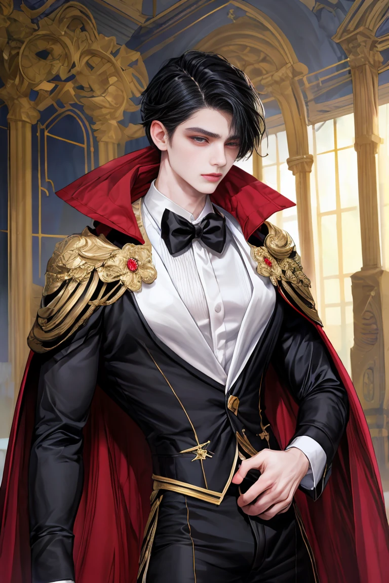 masterpiece, 最high quality, high quality, 1 boy, alone, Male focus, Watching the audience, whole body, Winning spirit_destiny, Messy black hair, blue adorable big eyes, White, Noble, Noble, Noble的な吸血鬼、An elegant tuxedo,A very large, very tall stand-up collar, a very large, very long, long cape that reaches down to the floor, made of a lot of fabric, red and black., ,cute beautiful boy,cute cute handsome boy