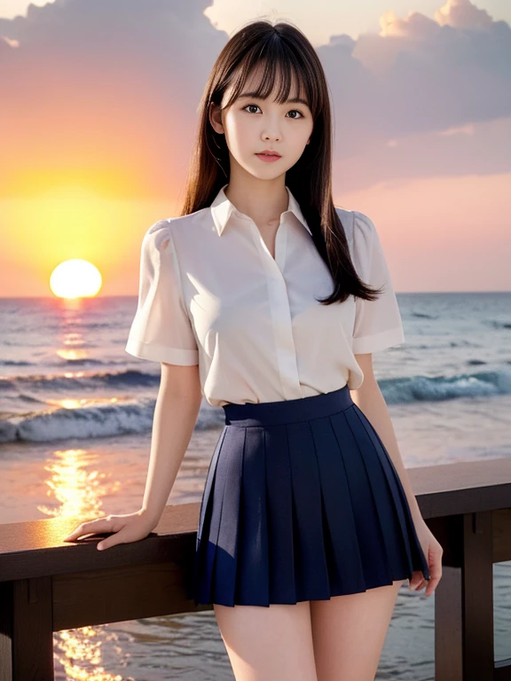 (highest quality, High resolution, Tabletop :1.3), Wearing 、、Japanese women,(whole body:1.3)、24-years-old、Wearing a miniskirt、Healthy thighs、Even bangs、 Very beautiful face, Beautiful girls, Beautiful realistic face,Beautiful woman, Orange sunset sky, Sun and clouds with ocean in the background, her hair is black、Long Hairstyles、(She is wearing a white short-sleeved blouse and a navy pleated skirt:1.2), Stand with your feet wide apart,looking at the camera, Dynamic photography