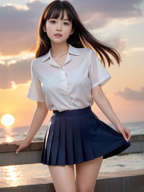 (highest quality, High resolution, Tabletop :1.3), Wearing 、、Japanese women,（whole body：1.3）、24-years-old、Wearing a miniskirt、Healthy thighs、Even bangs、 Very beautiful face, Beautiful girls, Beautiful realistic face,Beautiful woman, Orange sunset sky, Sun and clouds with ocean in the background,  her hair is black、Long Hairstyles、（She is wearing a white short-sleeved blouse and a navy pleated skirt：1.2）, Stand with your feet wide apart,looking at the camera, Dynamic photography