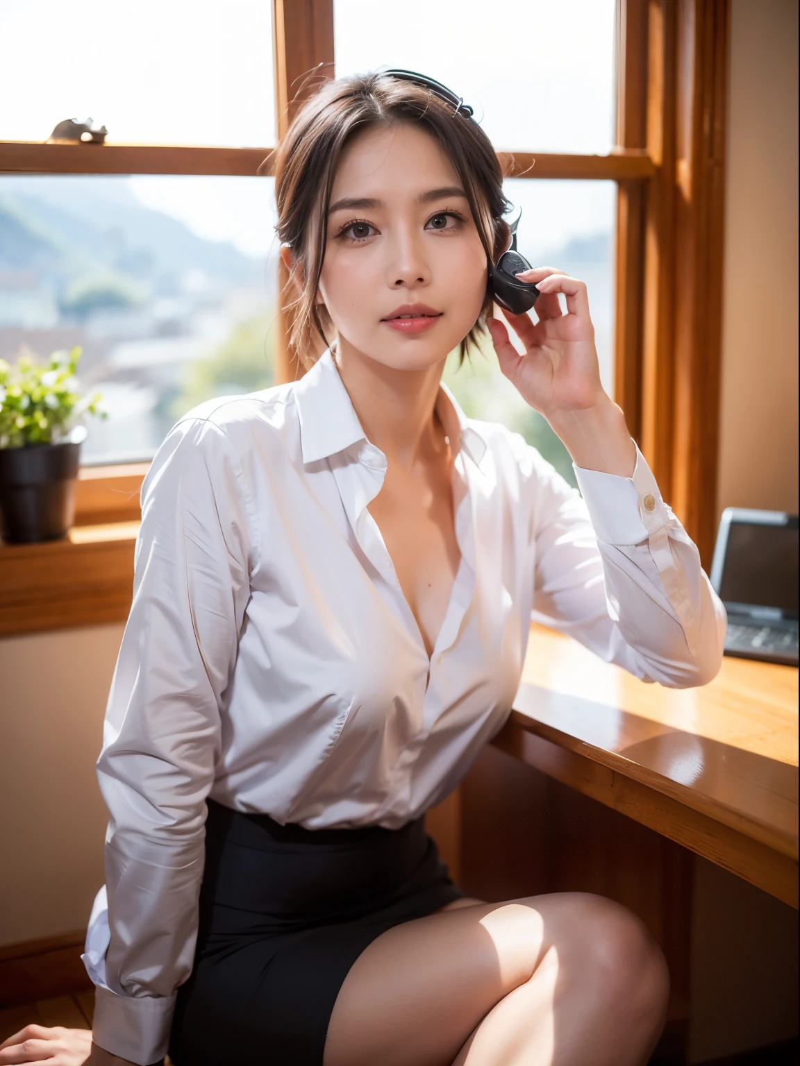 (50A room in an old building built over 100 years ago、There is only one window、There is a river outside、Mountains are visible in the distance)、(Small office、Old desk、60Only the light of a watt of incandescent light)、(There is a landline phone on the desk2A table is provided)、(A woman in a grey office uniform)、Japanese、38age、Standard body shape、D cup breasts、Short black hair、Meaty legs、Hair tied up、笑face、Ultra-high resolution、(photoGenuineistic:1.4)、RAW Photos、Japanese,(face)、Genuine、Photographed in natural light、Highly detailed face and skin texture、Highly detailed lips、The correct state of the human body、Shortcuts、short hair、(Detective Story:1.4)、(slightly dim lighting:1.2)、The audience is watching from a distance、The whole body is shown