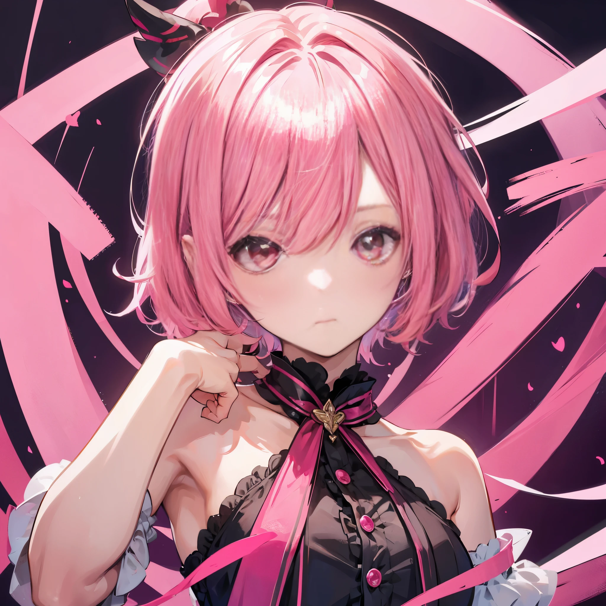 ((a girl)), ((portrait)), ((pink hair)), ((short hair)), ((red eyes)), ((idol costume)), high quality 