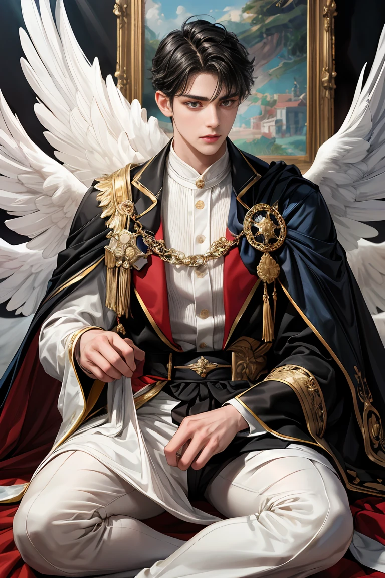 masterpiece, 最high quality, high quality, 1 boy, alone, Male focus, Watching the audience, Messy black hair, blue adorable big eyes, White, Noble, Noble, Beautiful angel、A very big, very big, very big, very long, long red and black cape made with a lot of fabric that reaches all the way down to the floor, 17 years old,cute beautiful boy,Cute, cute, kind, handsome guy