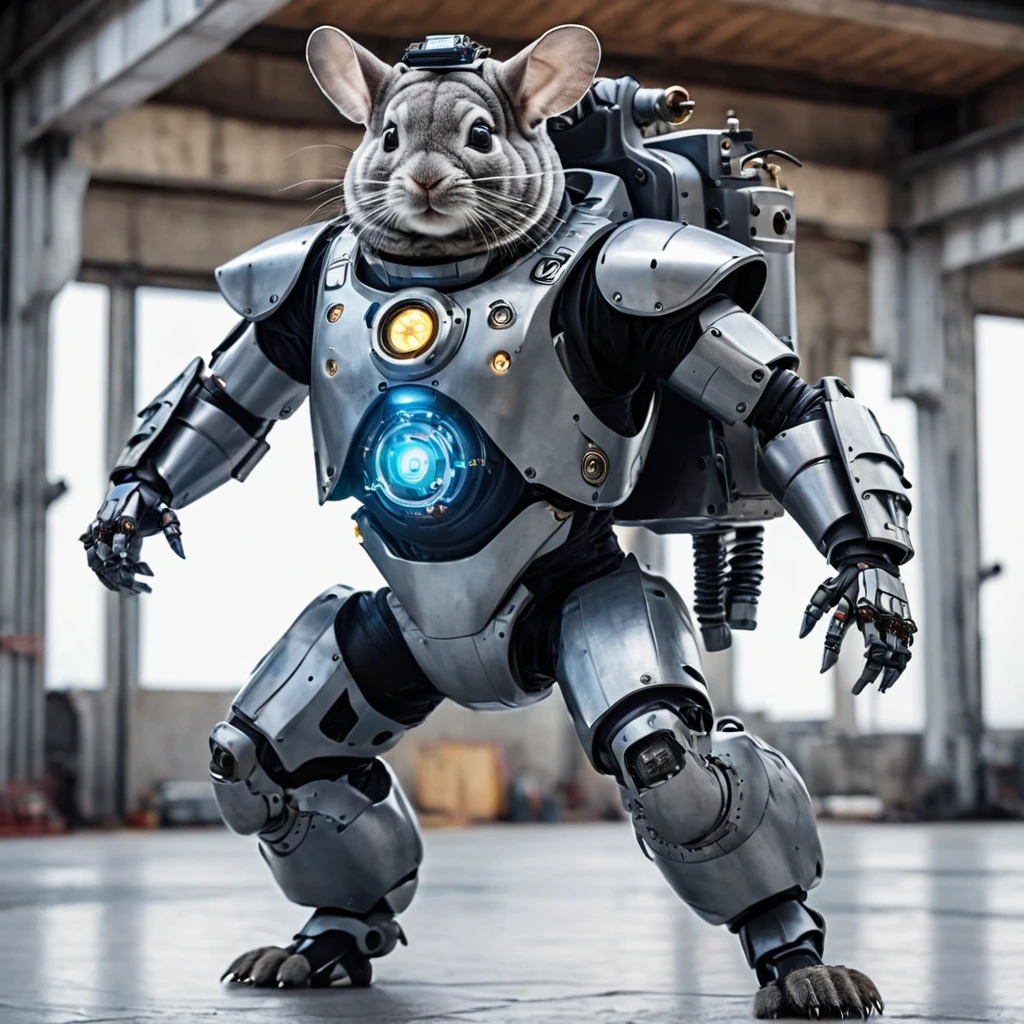 A realistic photo of a humanoid robot (Anthropomorphic) Superhero Chinchilla in a gigantic high-tech suit, Action Movement, Full pose, whole body, steampunk, Attention to detail, Many image details, 8k, Surreal