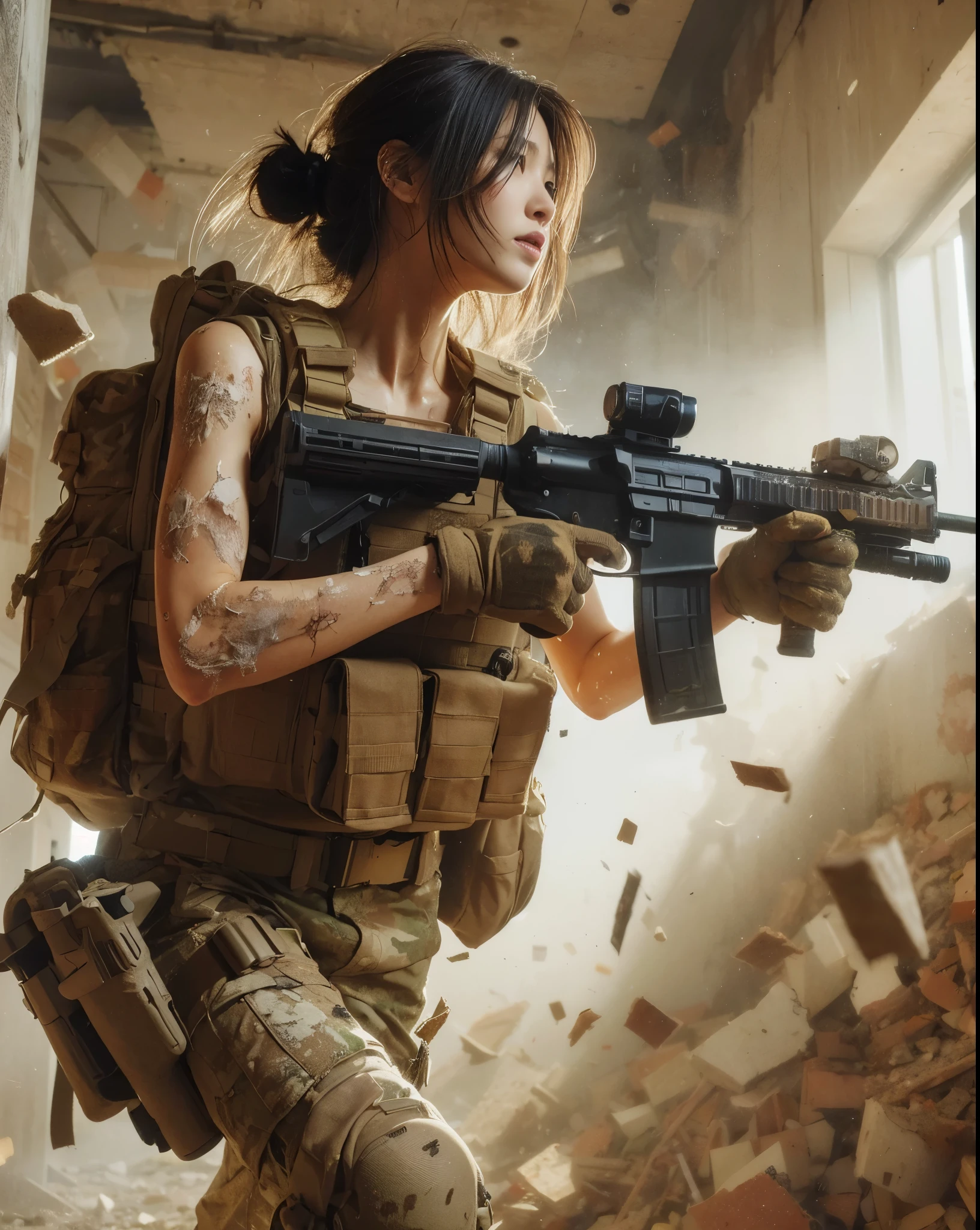 (best quality, 8K, realistic photo:1.2), realistic skin texture, beautiful Japanese woman belonging to the US military, amidst a building strewn with debris, under attack, trying to escape while fighting back, crumbling walls, assault rifle, bulletproof vest, backpack, boots, covered in wounds, determined expression, dynamic pose, innovative composition, dust in the air