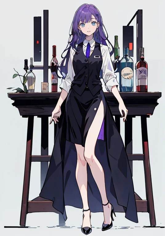 ((Perfect Face)),Purple Hair,Long Hair,1 female,bartender,Black vest,Shirt with rolled up sleeves,slit,High heels,,((Simple Background)),smile,((Full Body)),((full body)),Portraits,virtual,upright,,