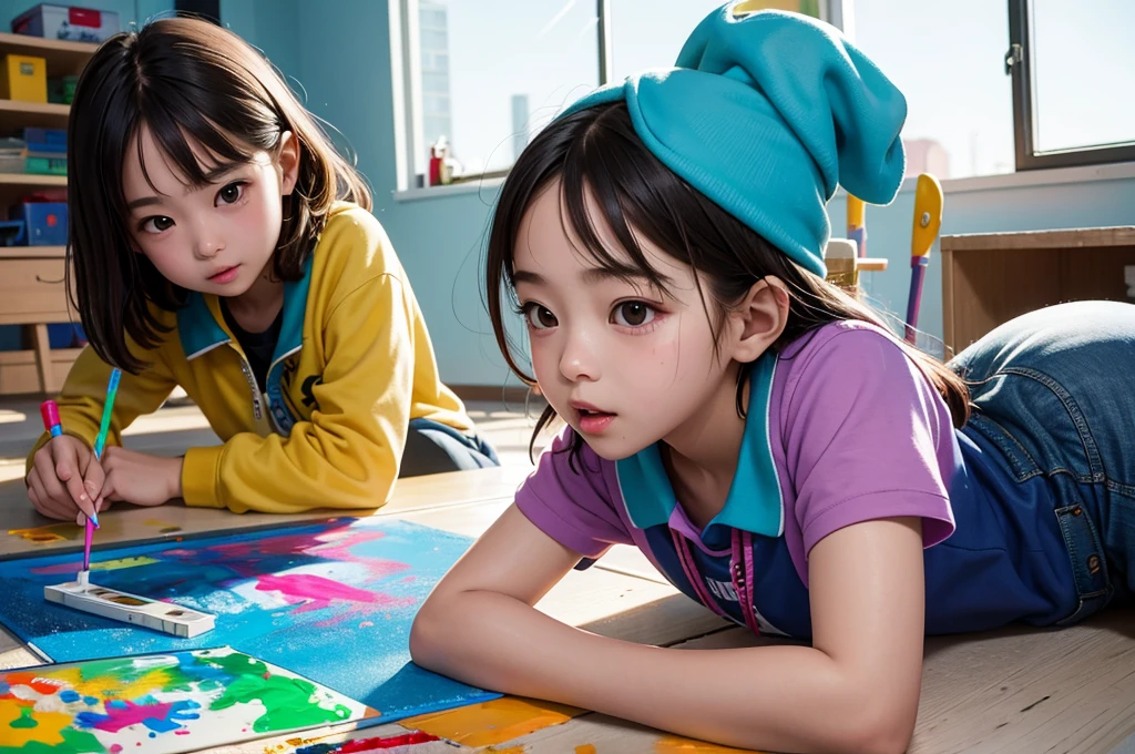 (masterpiece, highest quality, Highest image quality,photorealistic, Raw photo),Elementary school students are playing with paint on each other using various gadgets,like a splatoon,colorful,beautiful lighting, volumetric lighting, dynamic angle, sharp,