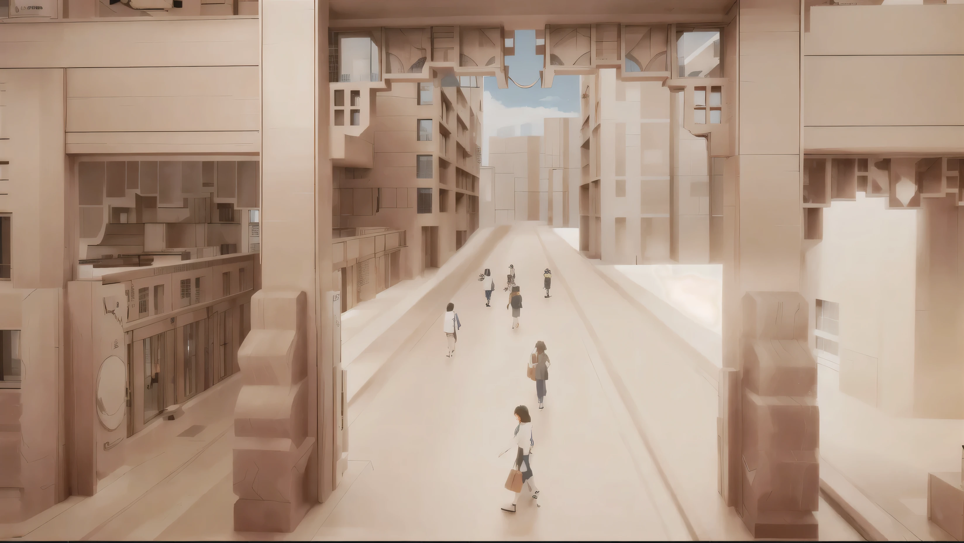 Many people walking in the corridor of the building, Founding Concept, Future city streets, Futuristic Street, Anime style cityscape, Concept works, Final Render, street perspective, door to futurism, author:Yukika Kosaka, The city of the future of mankind, Epic spacious courtyard, Orthographic perspective, concept illustration