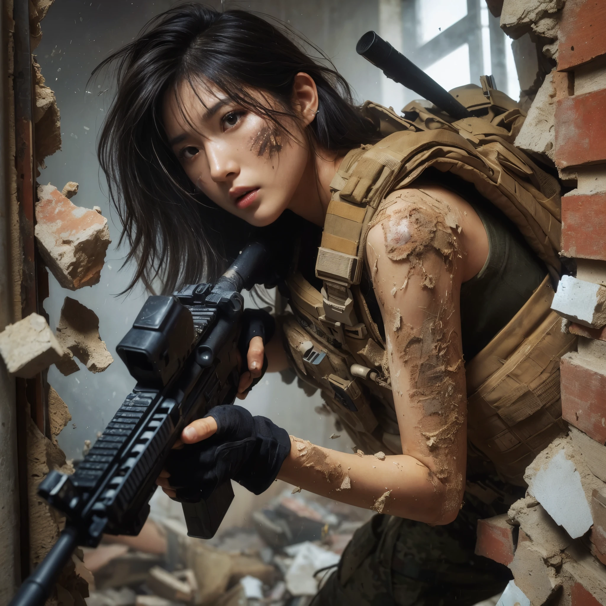 (best quality, 8K, realistic photo:1.2), realistic skin texture, beautiful Japanese woman belonging to the US military, amidst a building strewn with debris, under attack, trying to escape while fighting back, crumbling walls, assault rifle, bulletproof vest, backpack, boots, covered in wounds, determined expression, dynamic pose, innovative composition, dust in the air