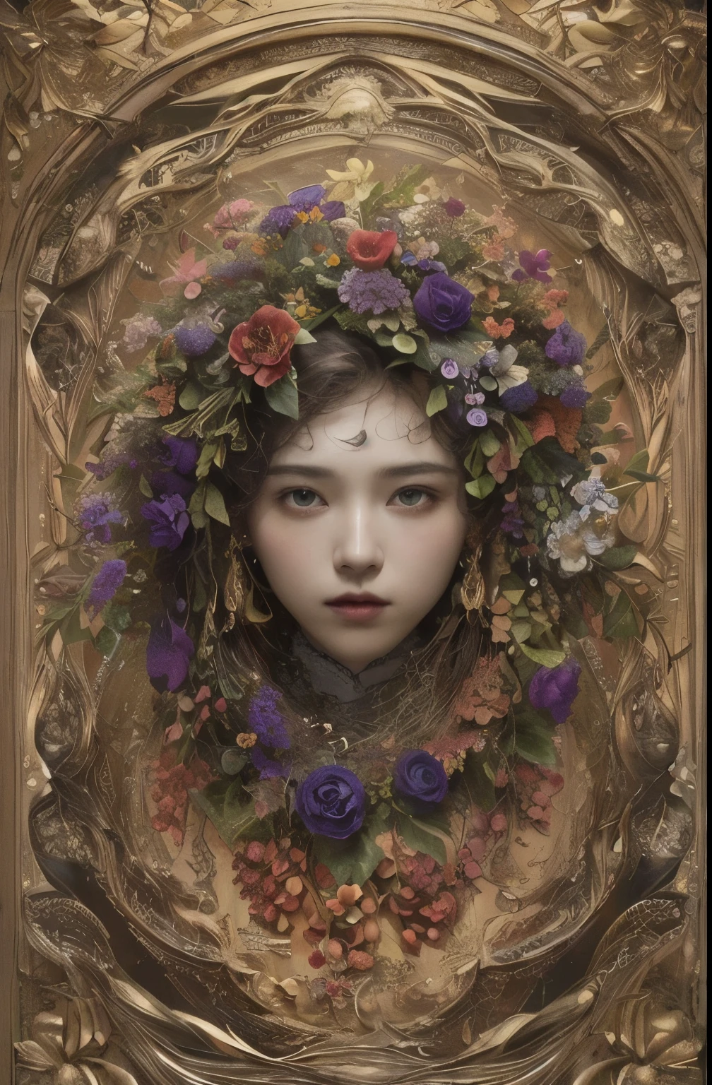 (masterpiece, highest quality, 8k, highest quality, Official Art, beautifully、aesthetic:1.2), Very detailed,(Fractal Art:1.1),(Fancy:1.2), (Mr.々Flower:1.5), (Lots of flowers), (Tangled:1.2), whole body, (Abstract background:1.3), (Glowing Skin), (Mr.々Color:1.4), (Grapevine:1.2), (leaf: 1.2), Grotesque background, Upper body emphasis, (Random Color Dress)