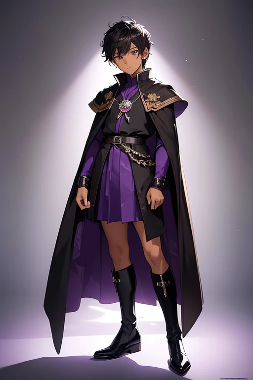 (boy1),(anime),(young teenager aged 16),(dark brown skin color),(brown eyes),(short black hair),(height 1.80cm),(wearing),+,(a 16th century emperor's outfit, consisting of a shiny black cape with purple tones, and black boots with purple tones, and a black outfit with a white blouse)