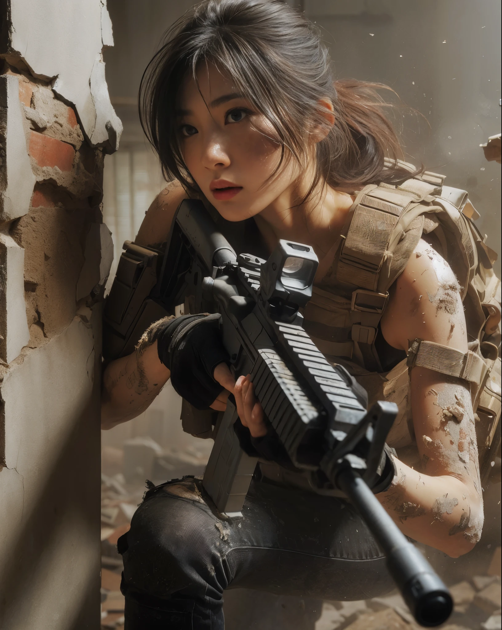 (best quality, 8K, realistic photo:1.2), realistic skin texture, beautiful Japanese woman belonging to the US military, amidst a building strewn with debris, under attack, trying to escape while fighting back, crumbling walls, assault rifle, bulletproof vest, backpack, boots, covered in wounds, determined expression, dynamic pose, innovative composition, dust in the air