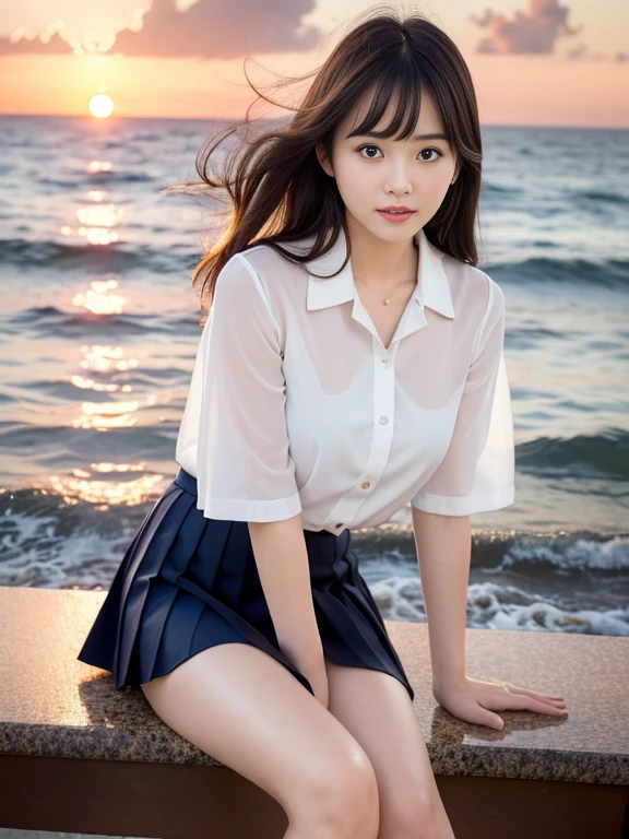 (highest quality, High resolution, Tabletop :1.3), Wearing 、、Japanese women,(whole body:1.3)、24-years-old、Wearing a miniskirt、Healthy thighs、Even bangs、 Very beautiful face, Beautiful girls, Beautiful realistic face,Beautiful woman, Orange sunset sky, Sun and clouds with ocean in the background, her hair is black、Long Hairstyles、(She is wearing a white short-sleeved blouse and a navy pleated skirt:1.2), Stand with your feet wide apart,looking at the camera, Dynamic photography
