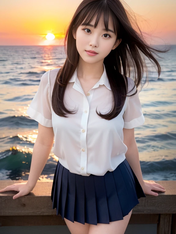 Tabletop, Highest quality, One Girl, (beautiful girl, Delicate:1.3), (:1.3), Definition of very fine particles, (Symmetrical eyes:1.3), night, ( White shirt,Navy blue pleated skirt), Flat Chest, Brown eyes, Parted bangs, Brown Hair, Upper teeth, (Eye and facial details:1.0), (RAW Photos, Film Grain, chromatic aberration), (Bokeh: 1.1),(thin,Wet), score_9, score_8_Excellent, score_7_Excellent, High resolution style, A masterpiece in 32K resolution, Highest quality, it is really amazing, Very detailed, Ultra-high resolution, ultra-Realistic, Realistic, Increased depth of field, Cinema Lighting,
(Sexy Mature Japan Women: 1.1),
Black straight medium hair, Very detailed美しい顔, Calm and gentle look, 美しいBrown eyes, Translucent white skin, Realistic skin texture, Great proportions,
Elegant high leg swimsuit,
Simple design, Chic color scheme, Detailed fabric texture,
(dark cloudy sky on a dull night: 1.1), (Dark clouds covering the sky: 1), (Thundercloud: 1), night coastline, Stormy Sea, (Delayed desolate beach: 1),
Cinematic Angles,