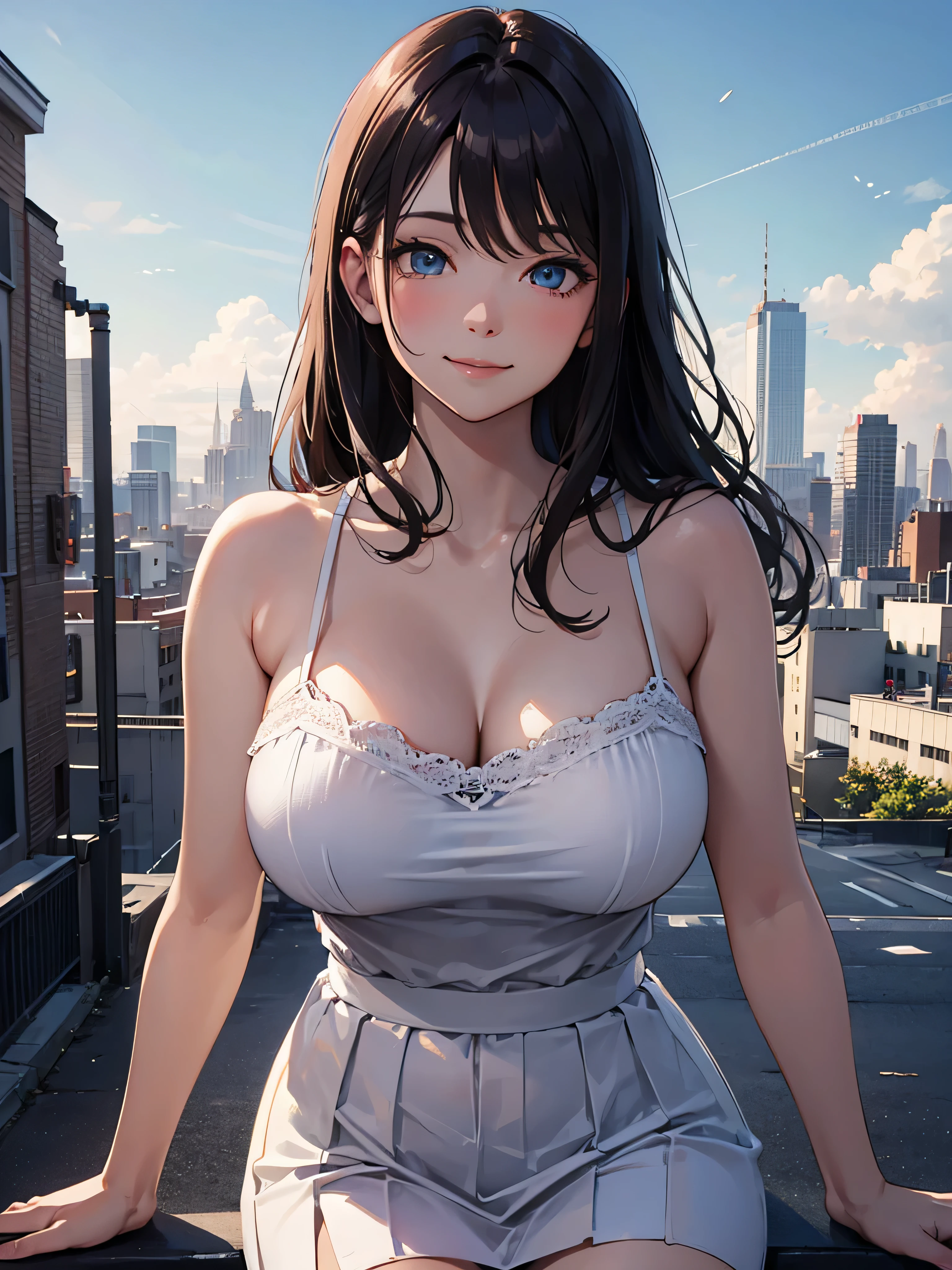 masterpiece, Sharp focus, (beautiful, Gorgeous and cute Japanese women:1.3), The Beauty of Japan, Delicate and beautiful hair, Eyes and Face, Delicate and beautiful fingers and hands,Realistic, Very detailed, beautiful girl, blue sky, Glowing White Particles, (Side light:1.2), Light of the sun, White cloud, Detailed Clouds, thin, Very big breasts and very big hips, smile, ((Smile with your eyes, Open both eyes)), scenery, Straight Long Hair, sexy look, building, (Cityscape:1.7), Dynamic Hair, Straight Long Hair, Brown hair detail, Blue eyes glow, ( Camisole and white mini skirt),, Pale skin,, epic scenery,