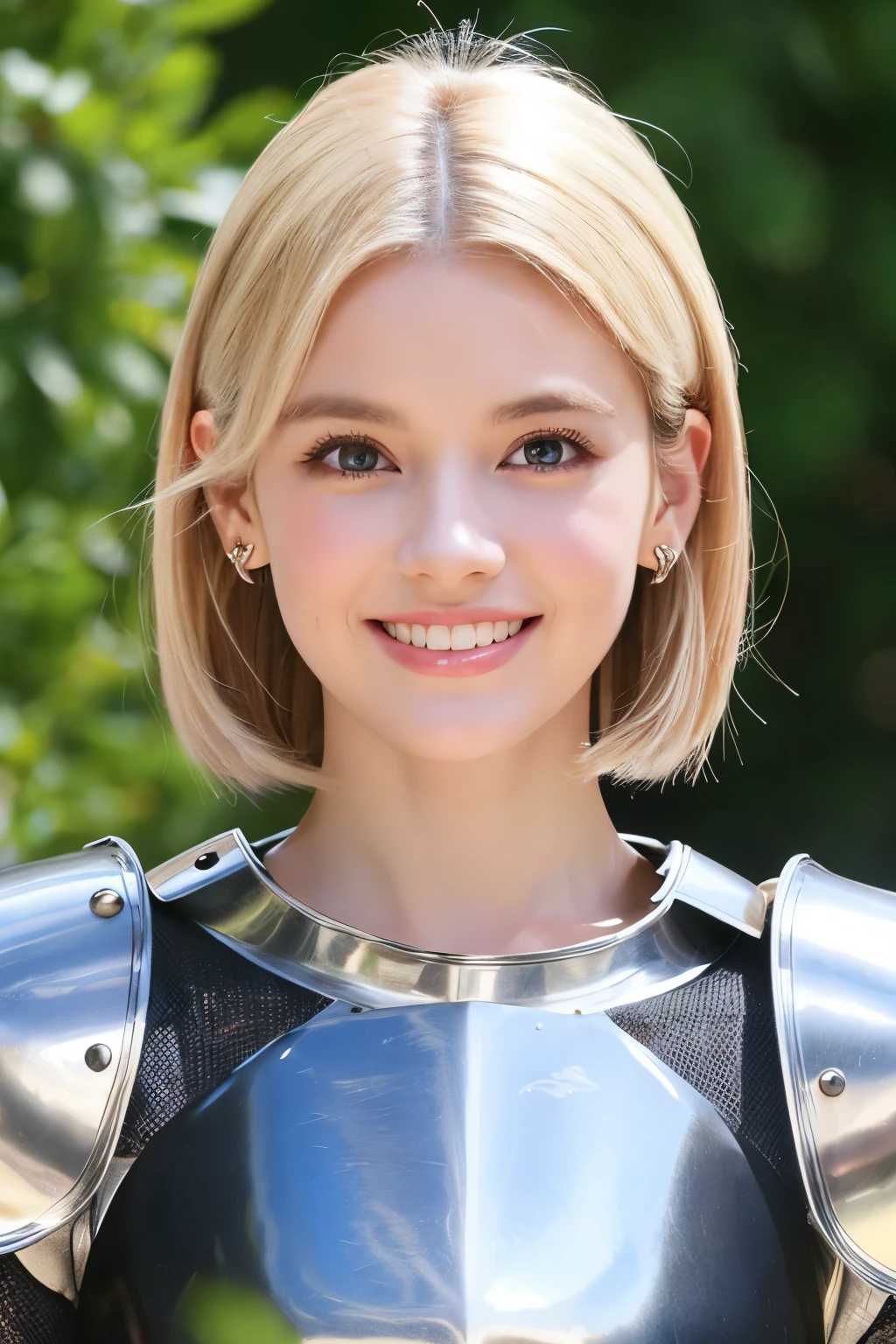 ８Ｋ、highest quality、female knight、Luxurious Silver Armor、、hairstyle short cut、smile、Beautiful Teeth、Full body photo、ear piercing、blonde、White woman、blue eyes、Heavy makeup、The background is inside the castle

