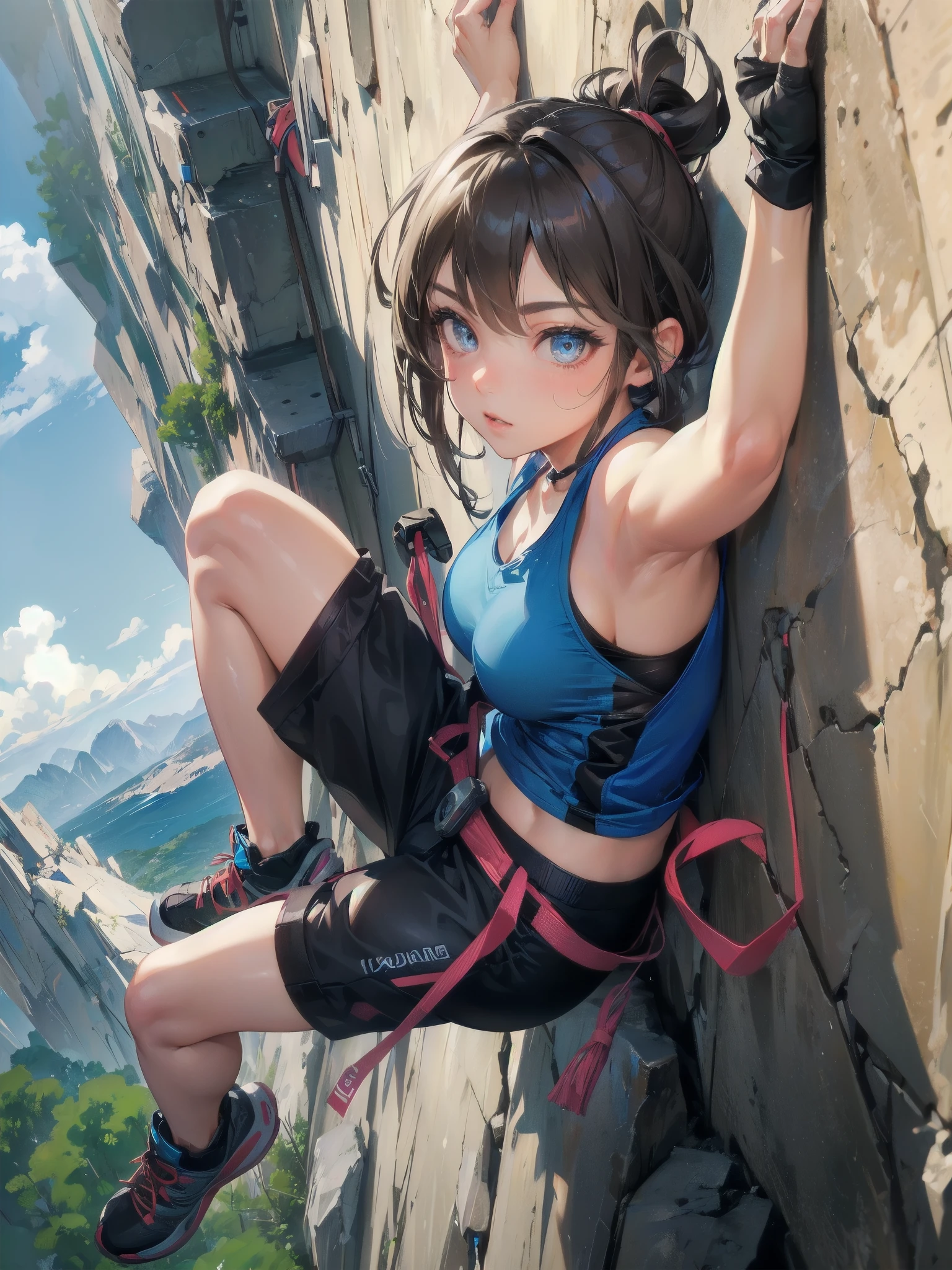 high quality,HD,16k,sharp lines,1 girl,Female sportclimbing athlete ,cute face, large breasts, nice legs,At the sportclimbing venue,focus girl,detailed beautiful face,detailed clothes,beautiful eyes,cool,dynamic angle