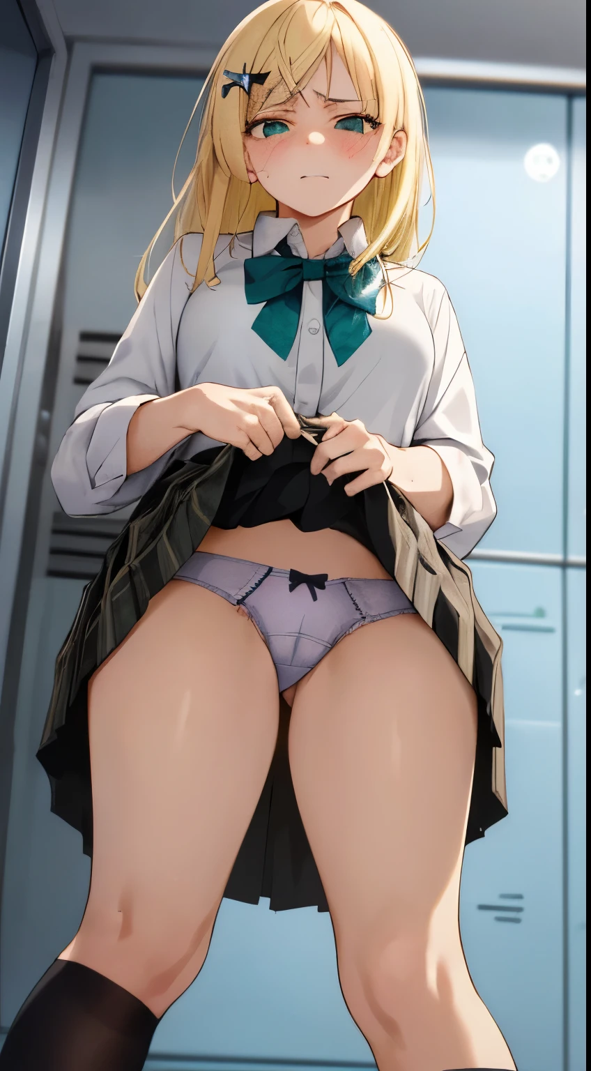 full body,
blond hair,green-eyes,BREAKgyaru, shirt, plaid, bow, blush, white shirt, hair ornament, nail polish, plaid skirt, bowtie, pleated skirt,cleavage ,BREAK,skirtliftfront,lift up skirt,(Skirt lift, lifted by self,(Lifting skirt、I can see panties:1.2),
looking at viewer, Focus on panties,Show off panties,
looking down at viewer,looking down at viewer,glaring,grimance,anguish,furrowed brow,furious,,{{{disgusting:1.5}}},((looking down:1.3)), disgust, (disgusted face), {{{clenched teeth}}},
(from below:2.0), from front ,
((masutepiece,hight resolution)),((masutepiece,hight resolution)), masutepiece, Best Quality, , absurderes, Perfect Skin, Detailed skin texture, ultra-detailliert, 8K, Intricate details, beautifull detailed face,hight resolution,Looking down,looking down at viewer,masutepiece, Best Quality, Insanely detailed, absurderes, Perfect Skin, Detailed skin texture, ultra-detailliert, 8K, Intricate details, beautifull detailed face,NSFW,NSFW,,low angle shot,Front view,,Uncensored,{Shaded eyes},Indoors,Locker Room