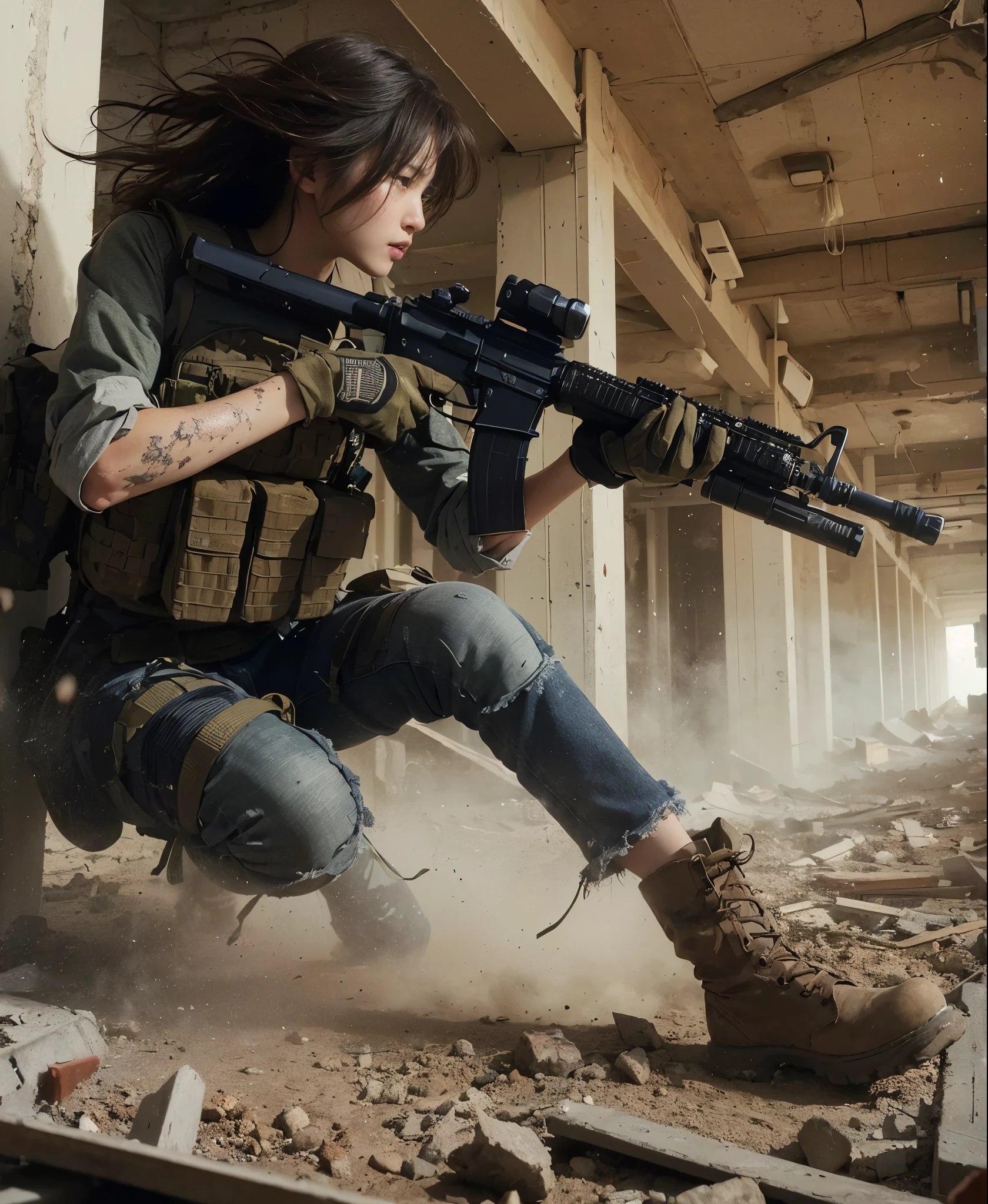 (best quality, 8K, realistic photo:1.2), realistic skin texture, beautiful Japanese woman belonging to the US military, amidst a building strewn with debris, under attack, trying to escape while fighting back, crumbling walls, assault rifle, bulletproof vest, backpack, boots, covered in wounds, determined expression, dynamic pose, innovative composition, dust in the air