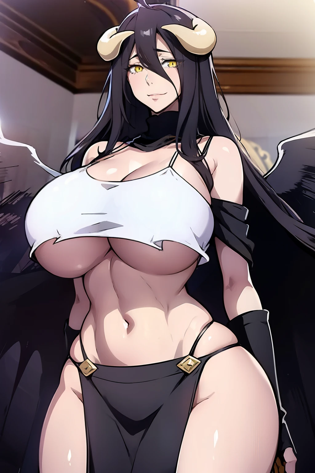 An anime-style artwork depicting albedo from the anime overlord.
Tags: ALBEDO, 1girl, albedo (overlord), solo, horns, long hair, black hair, gloves, yellow eyes, dress, demon girl, ahoge, white gloves, wings, open mouth, bare shoulders, demon horns, white dress, hair between eyes, parody, black wings, very long hair, breasts, low wings, anime, detailed eyes, detailed lips, cleavage, crop top, turtleneck, mini skirt, midriff, smiling expression, intense gaze, dynamic pose, indoor, palace, vibrant colors, digital art, high-resolution, professional quality, gigantic breasts, (underboob : 1.4), curvy, cowboy shot, (gigantic breasts: 1.6),
