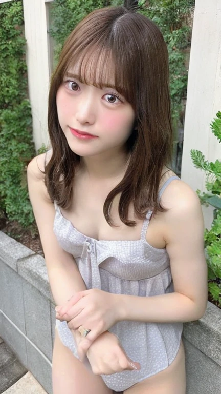 ((highest quality)), ((masterpiece)), (detailed),naked ,((Flat Chest、Very small cute breasts)),(Wearing cute panties),Perfect Face,Cute 、JC,depressed face,Front view,(that&#39;Iのような&#39;I&#39;Take a photo looking down..) short hair、brown hair、Japanese idol girls,smile、Embarrassed face,Pull your arms behind your back、whole body((Pull up to your knees))、Pool ,Place your arms behind your back,