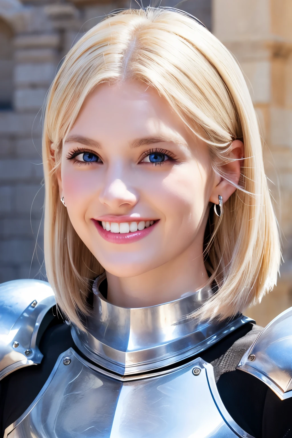 8K、highest quality、female knight、Luxurious Silver Armor、、hairstyle short cut、smile、Beautiful Teeth、Full body photo、ear piercing、blonde、White woman、blue eyes、Heavy makeup、The background is inside the castle