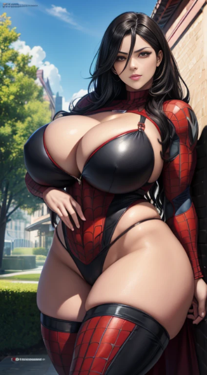 she is wearing a Spider-man suit, red and black color scheme, spider, huge breasts, big sized breast, cleavage, MILF, thigh legs, Long black hair, hair over shoulder,  brown eyes, perfect curvy shaped body, spider man costume, ultra realistic squinting sexy eyes ,  massive sized breast, standing, thigh legs, brown colour eyes, ultra realistic detailed shiny brown eyes, beautiful and perfect face, sunlight and garden background, black hair, bright brown colour eyes, 