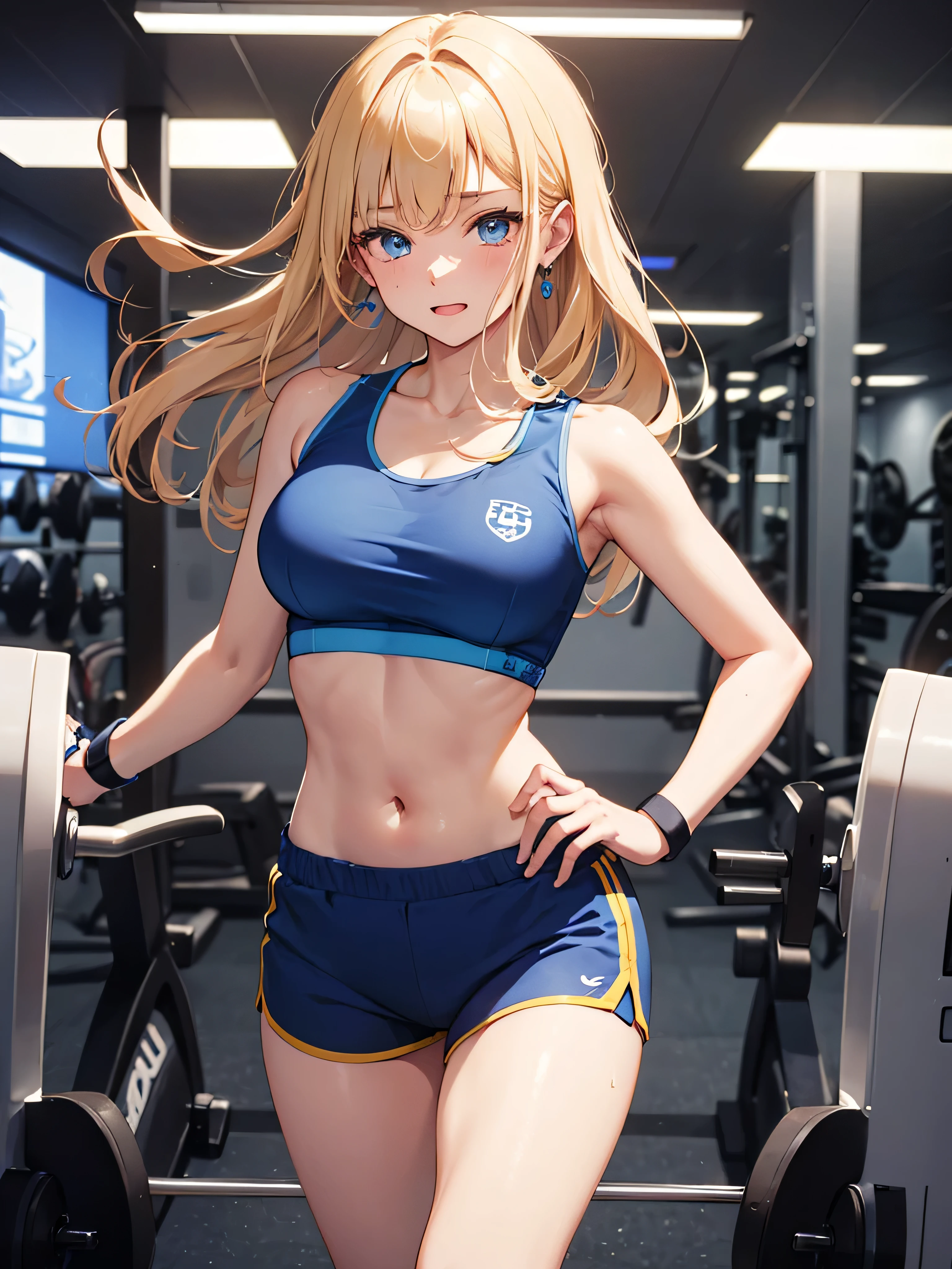 最high quality、Best image quality、masterpiece、With a girl((18-year-old、Sportswear、Black sports bra、Blue shorts、Best Bust、Bust 85、blonde、Long Hair、blue eyes、Open your chest wide、valley、happiness、Black wristband on wrist、thin、Lean towards the audience、Earrings、The wind is blowing、sweating、Extend your right hand towards the viewer)）high quality、Visual Arts、background((Gym))、Tabletop、