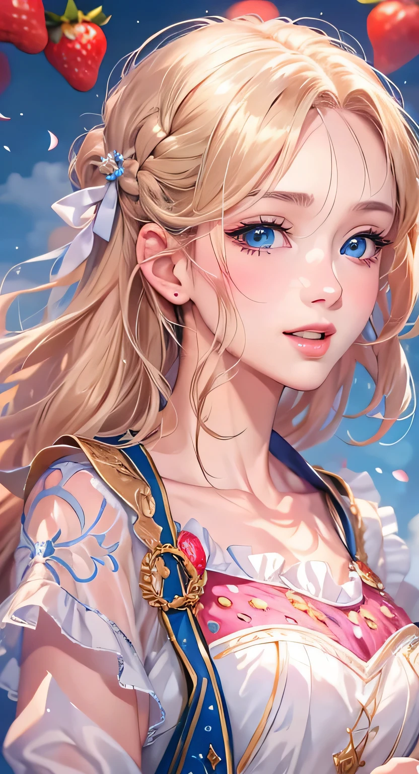 ((highest quality)), ((masterpiece)), (Get used to it), Perfect Face , masterpiece、highest quality、High resolution、High-quality images、8k, 1 female、Skin Radiance、Texture of skin and clothing、Expression of fine eyes、shining golden hair,Girl with long braided hair, Manga inspired by Lee Jong-suk, Trending on deviantart, realism, detailed manga style, Manga art style, Perfect Line Drawing, Beautiful line art, digital manga art girl, K-POPアイドル, Beautiful blue eyes, Lips become thicker, Gorgeous face with attention to detail, (Cute Smile), charm, Innocent, Side view, (Perfectly detailed face), (Beautiful Hands) Photorealistic images, Written boundary depth, 20th Generation ,beautiful girl , strawberry , Lace dress , Big Breasts , protruding shoulders , I can see her cleavage , strawberry , There are lots of strawberries in the background ,