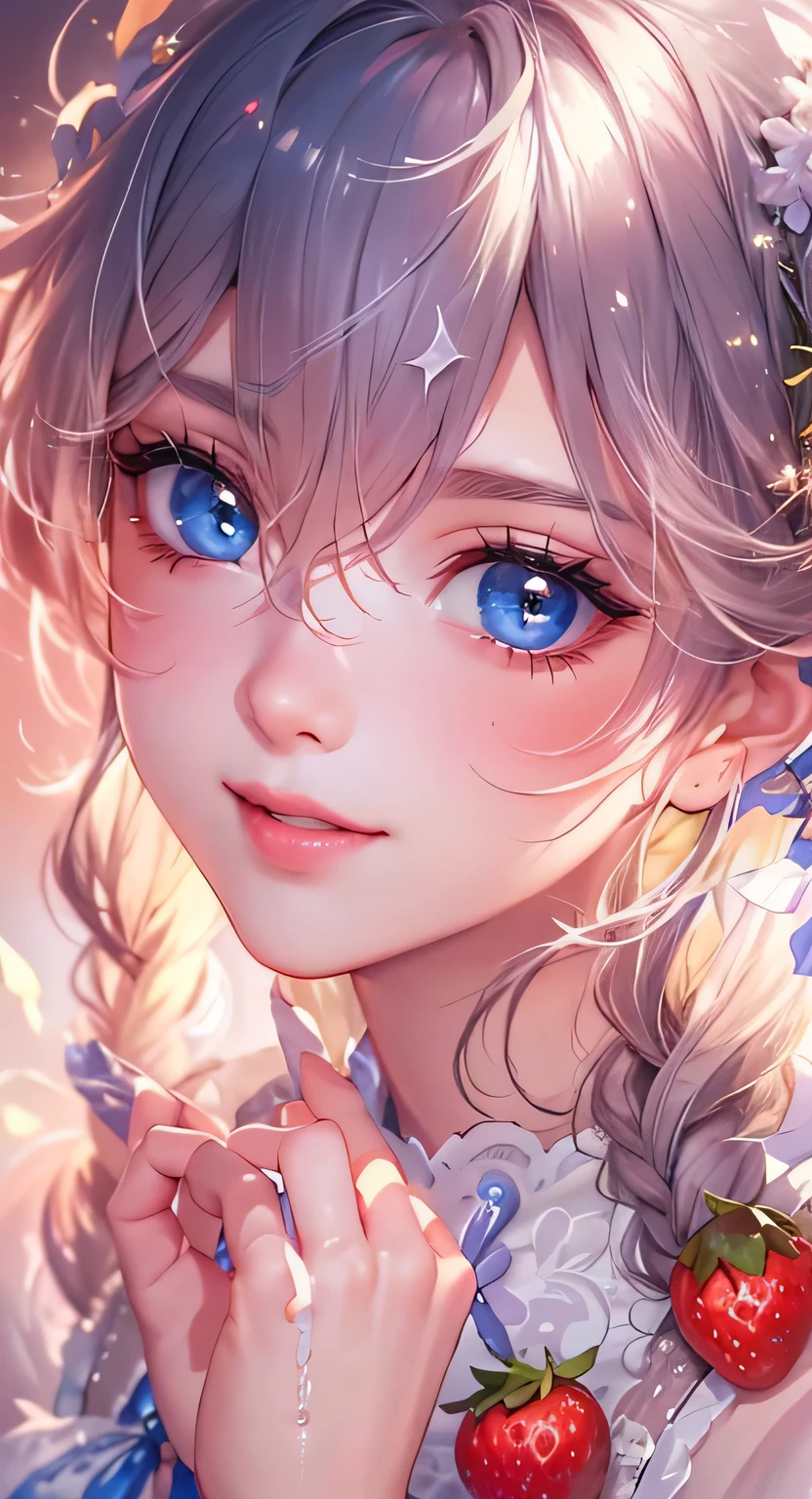 ((highest quality)), ((masterpiece)), (Get used to it), Perfect Face , masterpiece、highest quality、High resolution、High-quality images、8k, 1 female、Skin Radiance、Texture of skin and clothing、Expression of fine eyes、shining golden hair,Girl with long braided hair, Manga inspired by Lee Jong-suk, Trending on deviantart, realism, detailed manga style, Manga art style, Perfect Line Drawing, Beautiful line art, digital manga art girl, K-POPアイドル, Beautiful blue eyes, Lips become thicker, Gorgeous face with attention to detail, (Cute Smile), charm, Innocent, Side view, (Perfectly detailed face), (Beautiful Hands) Photorealistic images, Written boundary depth, 20th Generation ,beautiful girl , strawberry , Lace dress , Big Breasts , protruding shoulders , I can see her cleavage , strawberry , There are lots of strawberries in the background ,