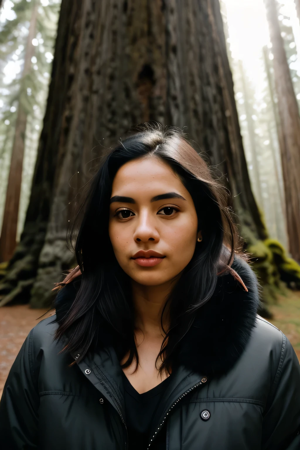 photograph of a woman (sympathetic expression), ultra textured skin, goosebumps, jet black hair half up, half down, faux fur lined parka, group profile, tall ancient redwoods creating a sense of wonder and awe, perfect eyes, ( (hard light: 1.4)), Velvia 100 color, shot on Cinestill 800T, bokeh, sharp focus on the subject, shot by Manuela Marquez