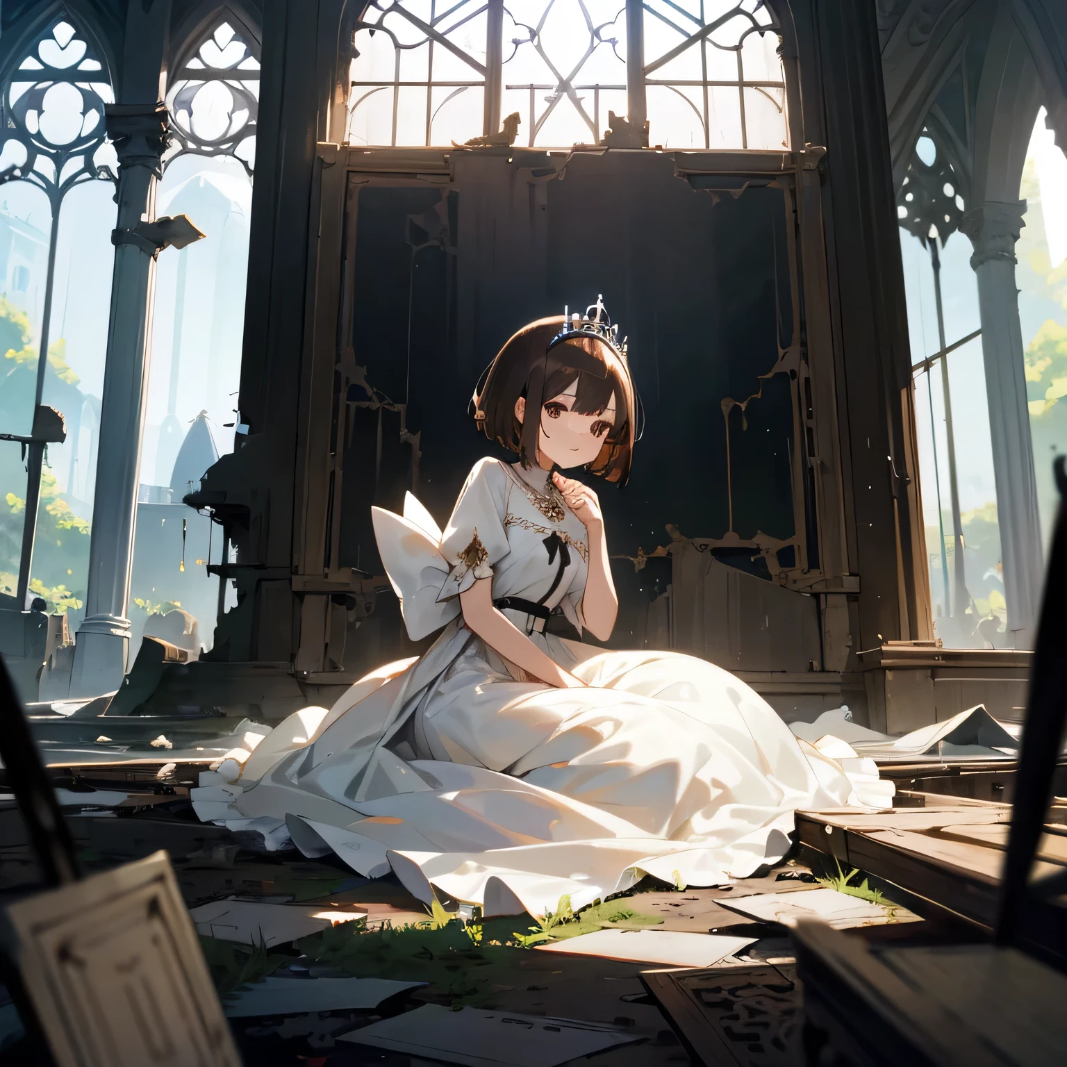 girl、brown hair、short hair、White Dress、tiara、Princess、sit、Ruined palace、broken window、ivy、dark
