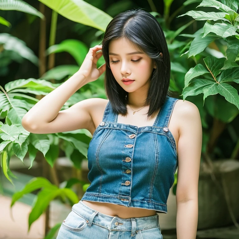 Buatkan gambar seorang wanita cantik sedang memakan sebuah apel di bawah pohon apel dengan berpakaian tanktop dan celana pendek dengan adanya tiupan angin sepoi-sepoi