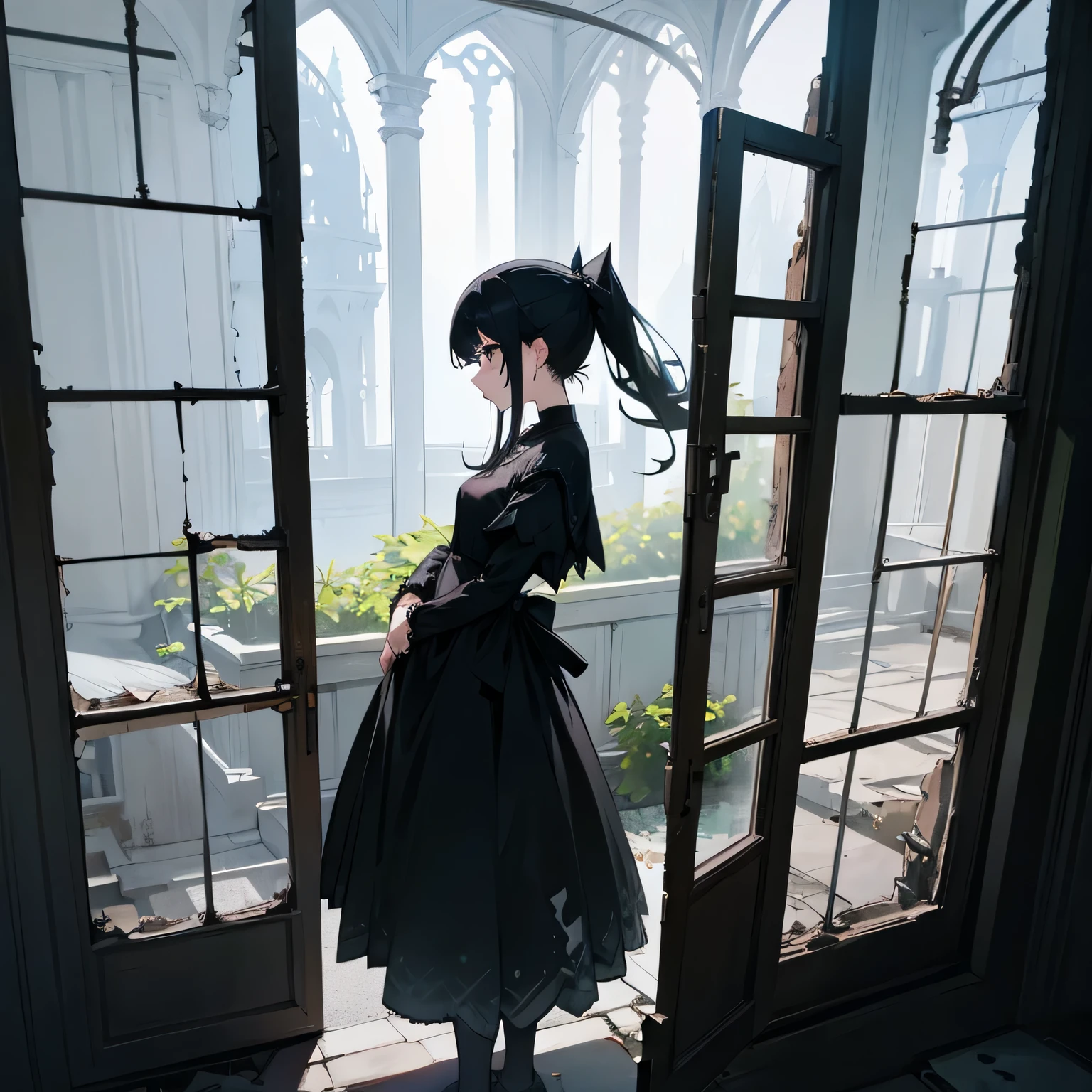 girl、Black Hair、ponytail、Black Dress、Standing by a broken window、Ruined palace、ivy、dark、lonely