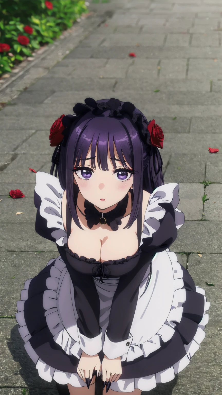 (((Pixel Perfect, Perfect detail))), One Girl, alone, Shizuku Kuroe, headdress, maid headdress, bangs, hair ornaments, Long sleeve, dress, Cleavage, (Purple eyes:1.1), Purple Hair, flower, Frills, tie, hair flower, Wide sleeves, blunt bangs, Manicure, black dress, collar, Cosplay, Compensate, detached collar, Rose, rock, frilled dress, lipstick, Frills袖, red flower, black tie, Leash, purple nails, rock Leash, Outdoor, whole body