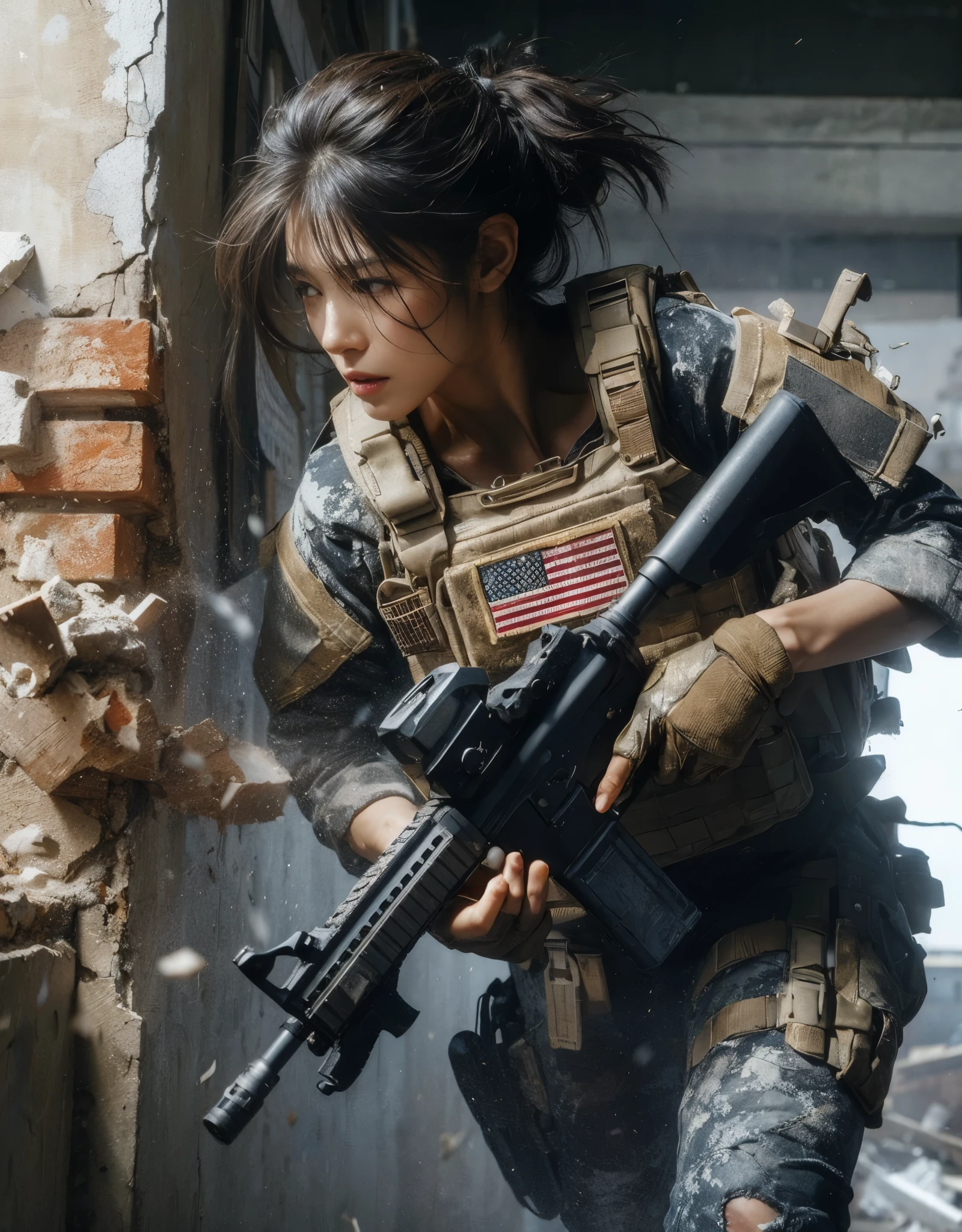 (best quality, 8K, realistic photo:1.2), realistic skin texture, beautiful Japanese woman belonging to the US military, amidst a building strewn with debris, under attack, trying to escape while fighting back, crumbling walls, assault rifle, bulletproof vest, backpack, boots, covered in wounds, determined expression, dynamic pose, innovative composition, dust in the air