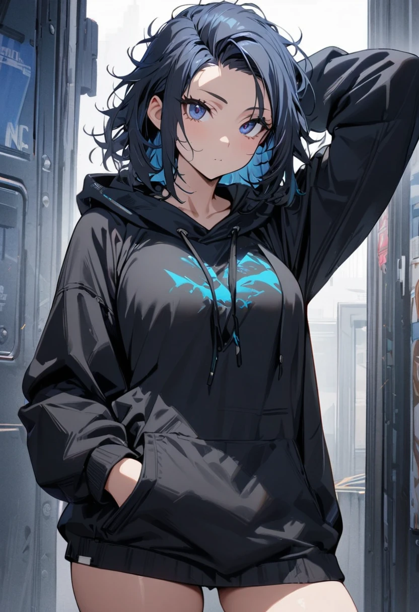 1 girl,Solo,front view from front facing viewer,medium hair,hair slicked back,dark blue eyes,Hand behind head, messy hair,(dark eyes),(cool girl),(Sharp blue eyes),(dark color),(black redHoodie) masterpiece, best quality, high quality, detailed,(medium-breasts),(gal),(hand in pocket),(overthighs)