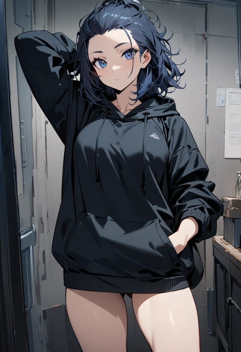 1 girl,Solo,front view from front facing viewer,medium hair,hair slicked back,dark blue eyes,Hand behind head, messy hair,(dark eyes),(cool girl),(Sharp blue eyes),(dark color),(black redHoodie) masterpiece, best quality, high quality, detailed,(medium-breasts),(gal),(hand in pocket),(overthighs)