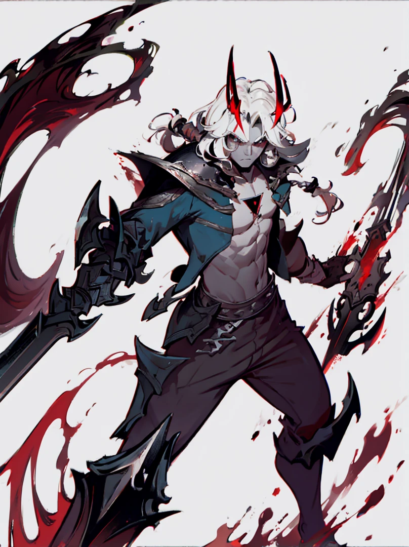 Tan, male, bloody, bloodied, devil horns, casual outfit, white long hair, black mist, armed, manly