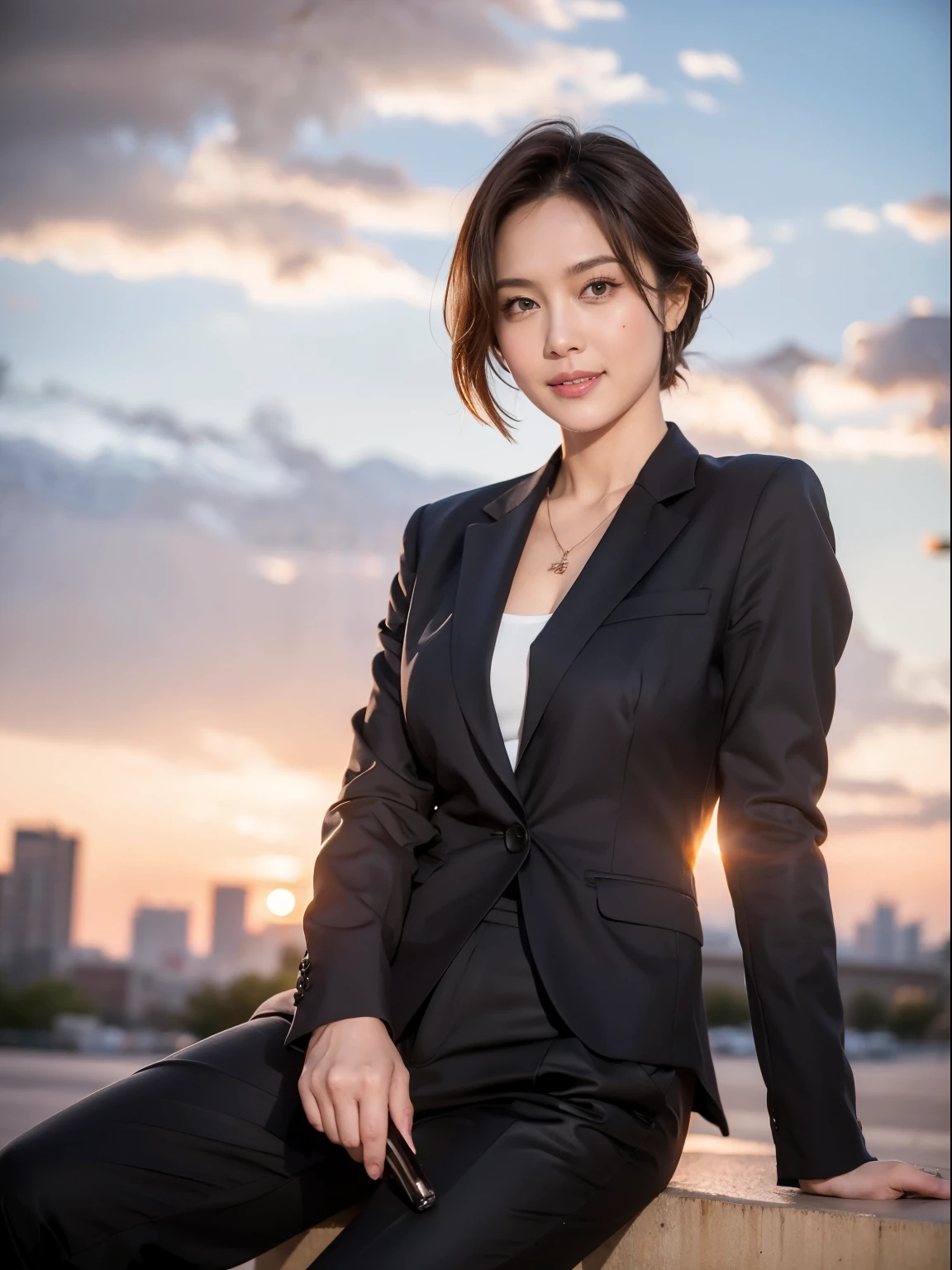 (RAW Photos:1.2), (Realistic:1.4),Beautiful detailed woman,非常にBeautiful Eyesと顔, Beautiful Eyes, Very detailed,High resolution, Very detailed,highest quality,Awareness-raising,Unified,8k wallpaper,masterpiece,highest quality,1 female,alone,rich,Whole Body Ezbian,(standard body shape,)(D cup breasts),There'Foot meat,Narrow waist,alone,(Formal Business Jacket:1.4)、(Formal pants:1.4),(black pumps)、(Low heels),jewelry necklace short hair,A kind smile,A dignified atmosphere,black eye,Realistic,(Beijing city center), (Sunset:1.4)