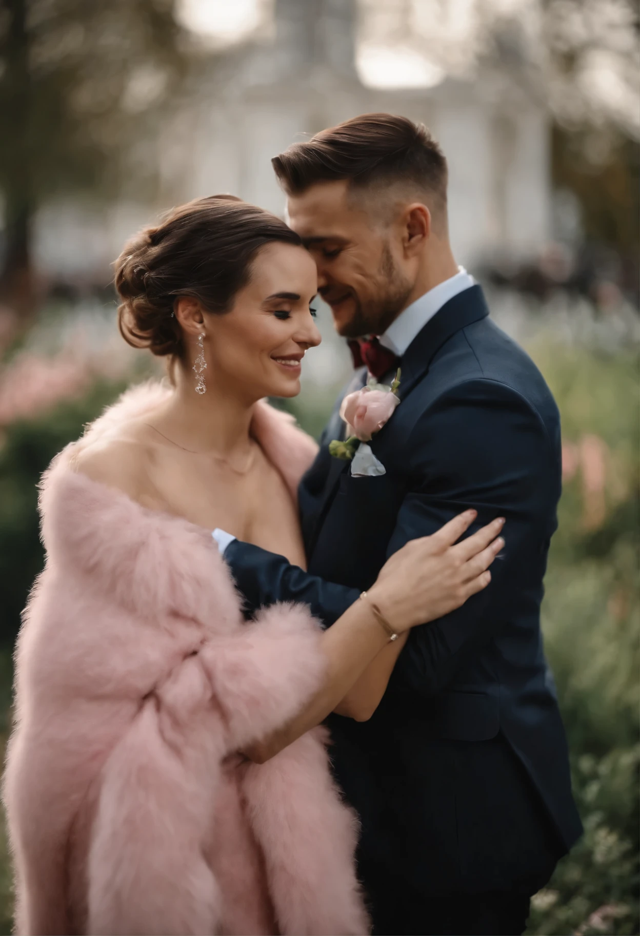 Beautiful girl in pink short gown hugging a man in a tailored suit and their baby by their side