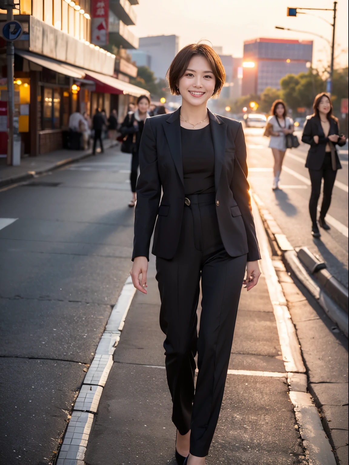 (RAW Photos:1.2), (Realistic:1.4),Beautiful detailed woman,非常にBeautiful Eyesと顔, Beautiful Eyes, Very detailed,High resolution, Very detailed,highest quality,Awareness-raising,Unified,8k wallpaper,masterpiece,highest quality,1 female,alone,rich,Whole Body Ezbian,(standard body shape,)(D cup breasts),There'Foot meat,Narrow waist,alone,(Formal Business Jacket:1.4)、(Formal pants:1.4),(black pumps)、(Low heels),jewelry necklace short hair,A kind smile,A dignified atmosphere,black eye,Realistic,(Beijing city center), (Sunset:1.4)
