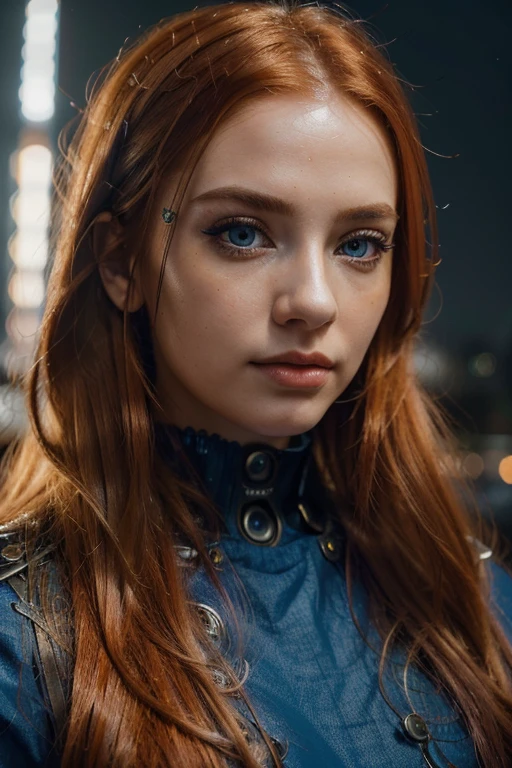 (best quality,4k,8k,highres,masterpiece:1.2),ultra-detailed,realistic,beautiful detailed eyes,beautiful detailed lips,extremely detailed eyes and face,longeyelashes,girl,orange hair,blue cyberpunk outfit,colorful meadow,night,portraits,vivid colors,studio lighting